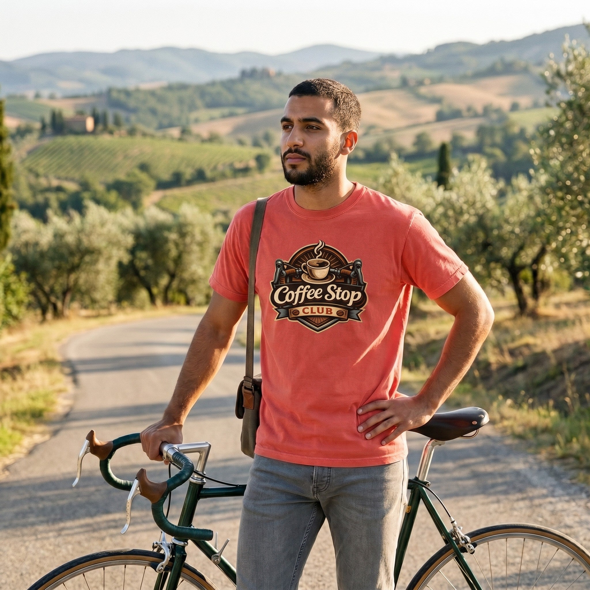Vintage Coffee Stop Club T‑Shirt — Bright Salmon lifestyle