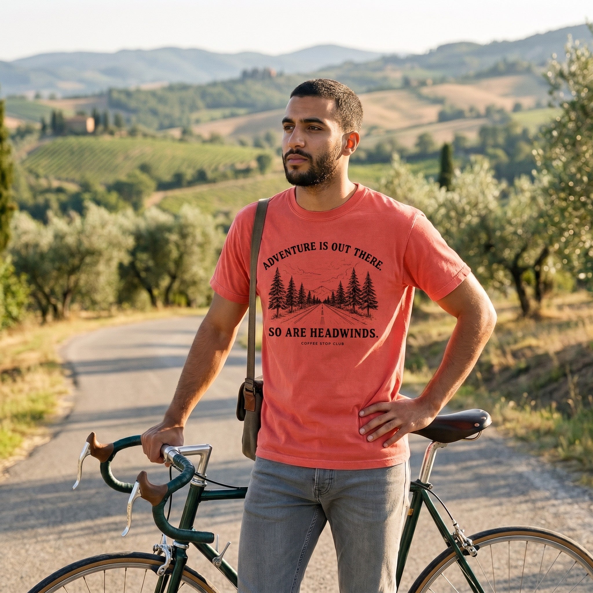 Adventure Is Out There Cycling T-Shirt — Bright Salmon lifestyle