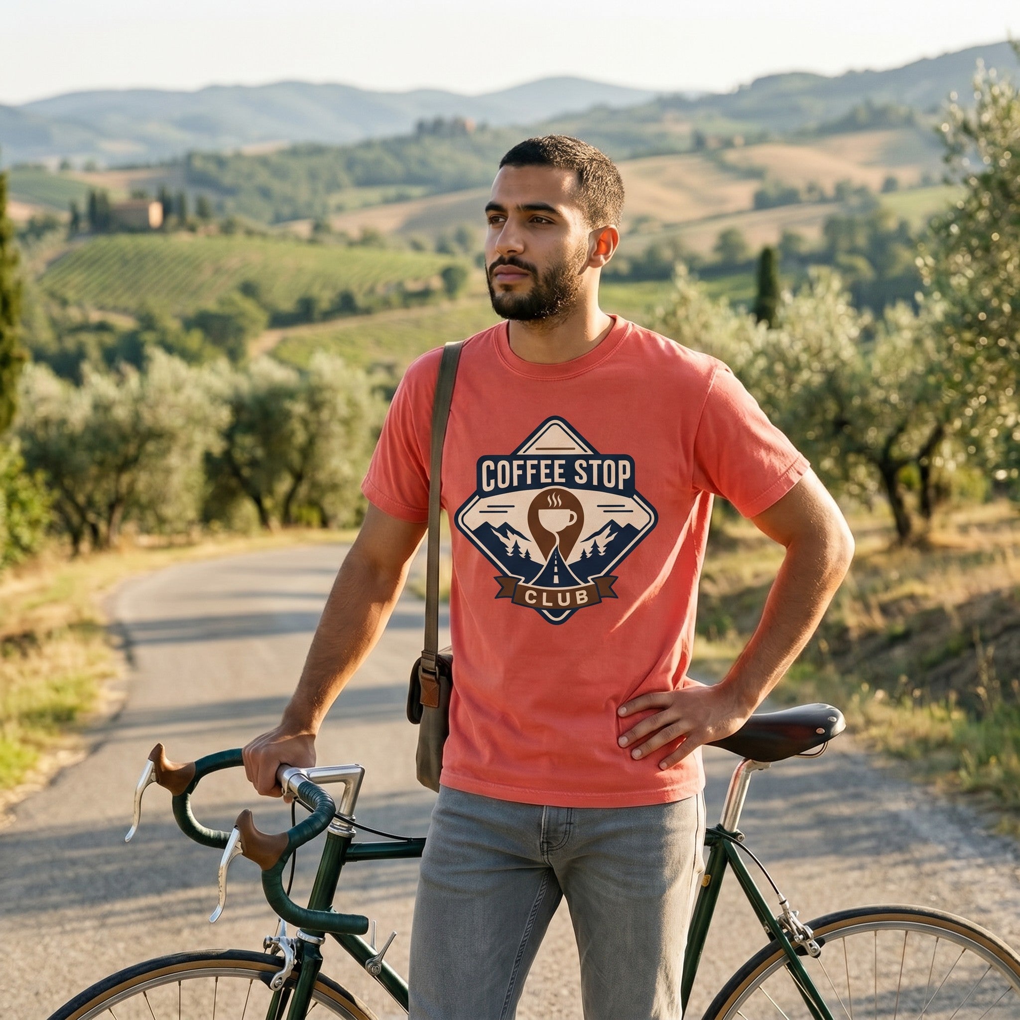 The Coffee Stop Club T‑Shirt — Bright Salmon lifestyle