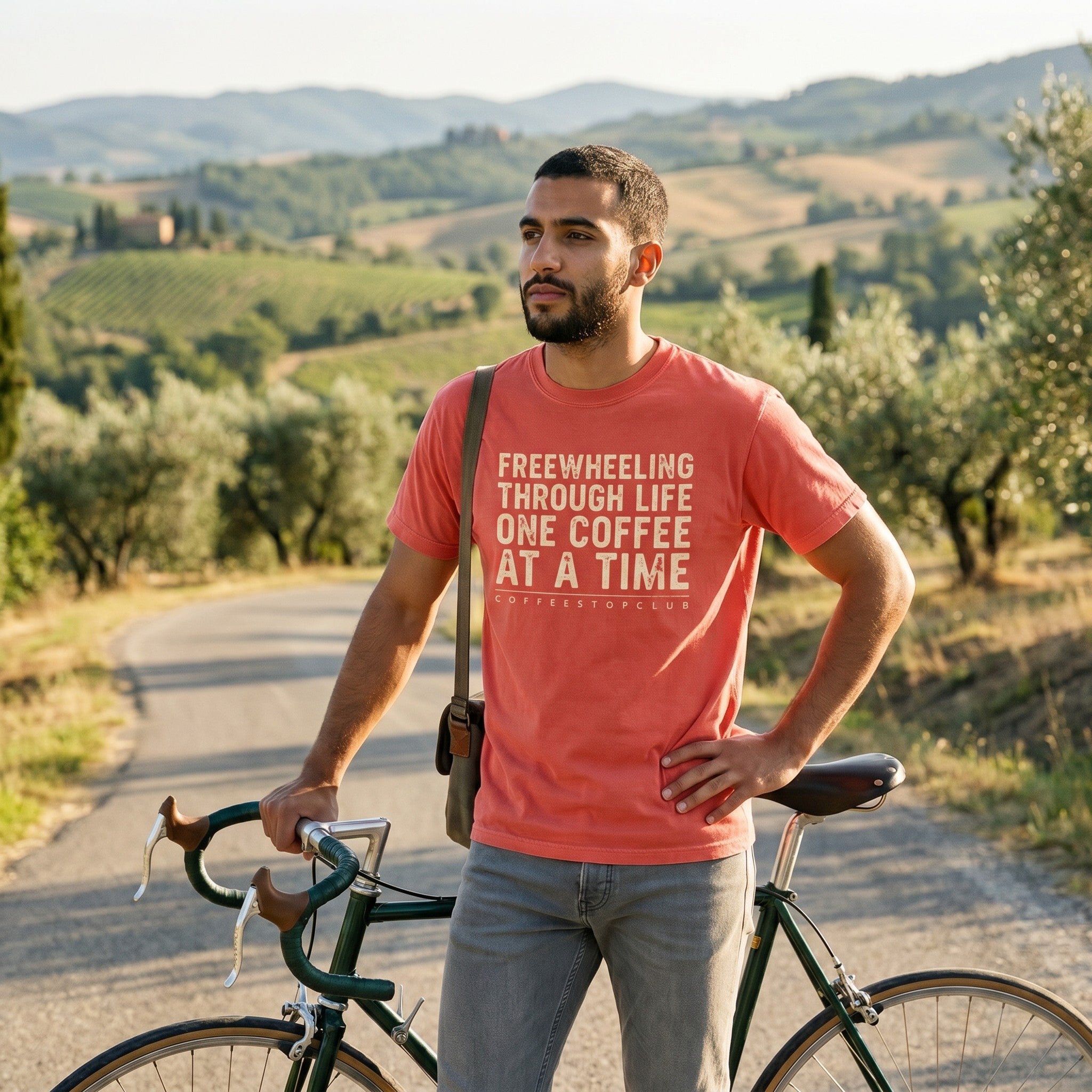 Freewheeling Life T‑Shirt — Bright Salmon lifestyle