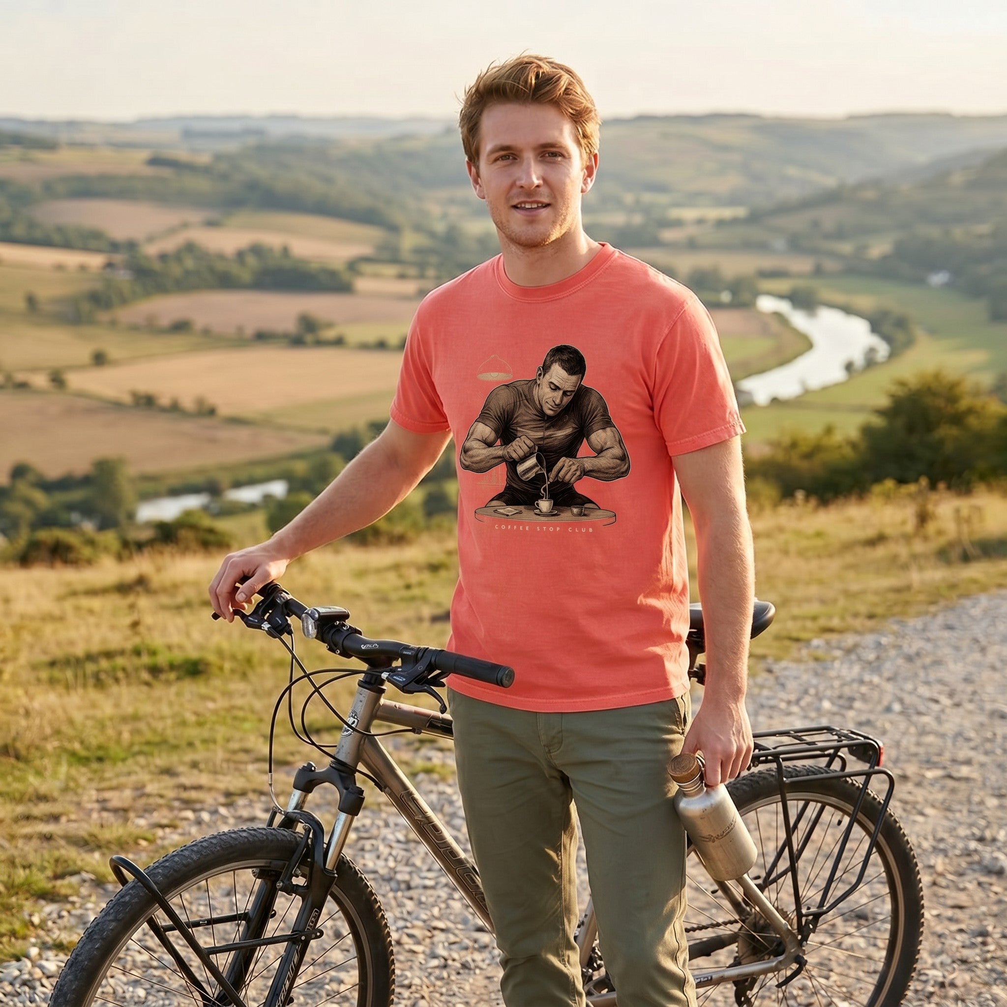 Espresso Stop Cycling T-Shirt — Bright Salmon lifestyle