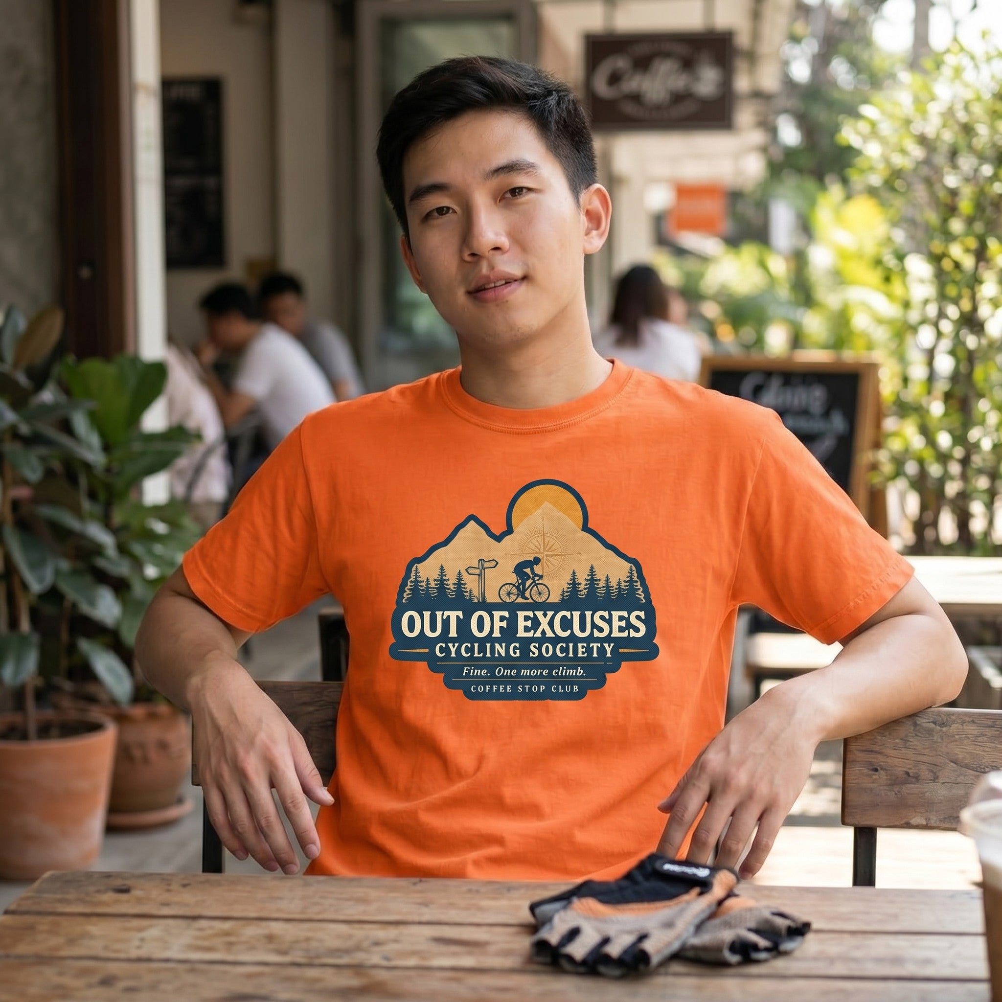 Out of Excuses Cyclist T-Shirt — Burnt Orange lifestyle