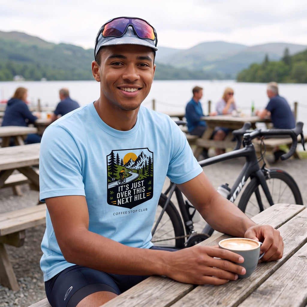 It's Just Over This Next Hill Cycling T-Shirt — Chambray lifestyle