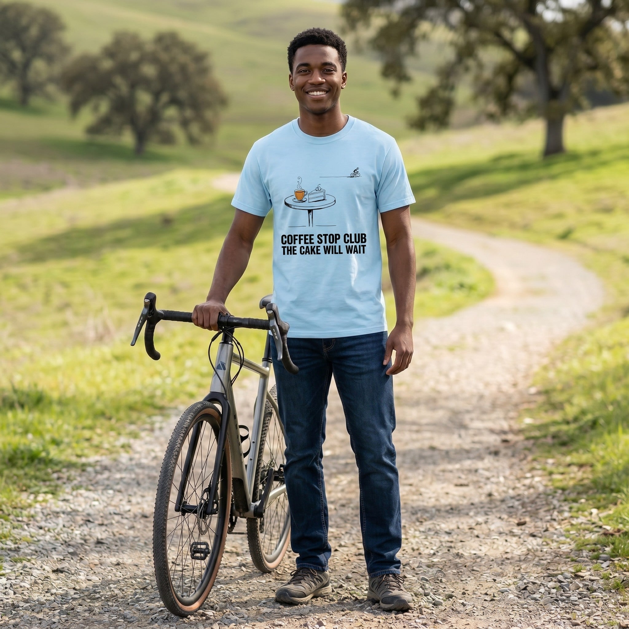 Cake Will Wait Cycling T-Shirt — Chambray lifestyle