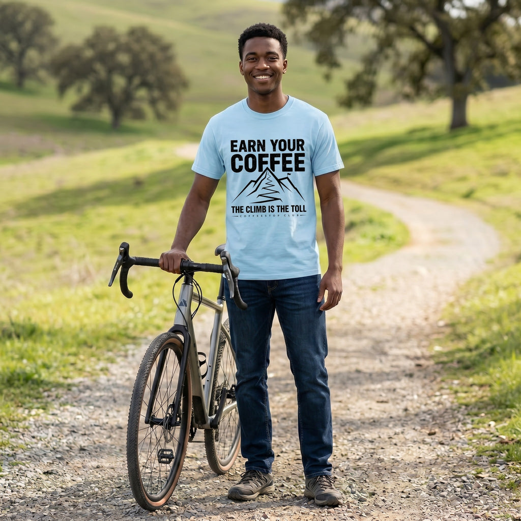 Earn Your Coffee Cycling T-Shirt — Chambray lifestyle
