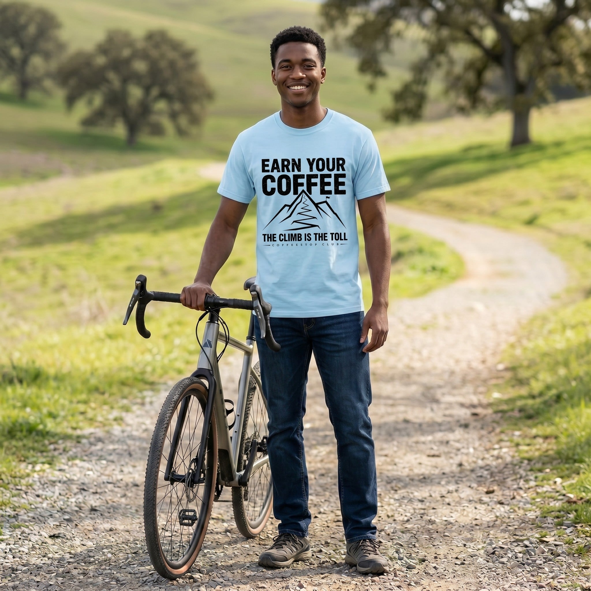 Earn Your Coffee Cycling T-Shirt — Chambray lifestyle