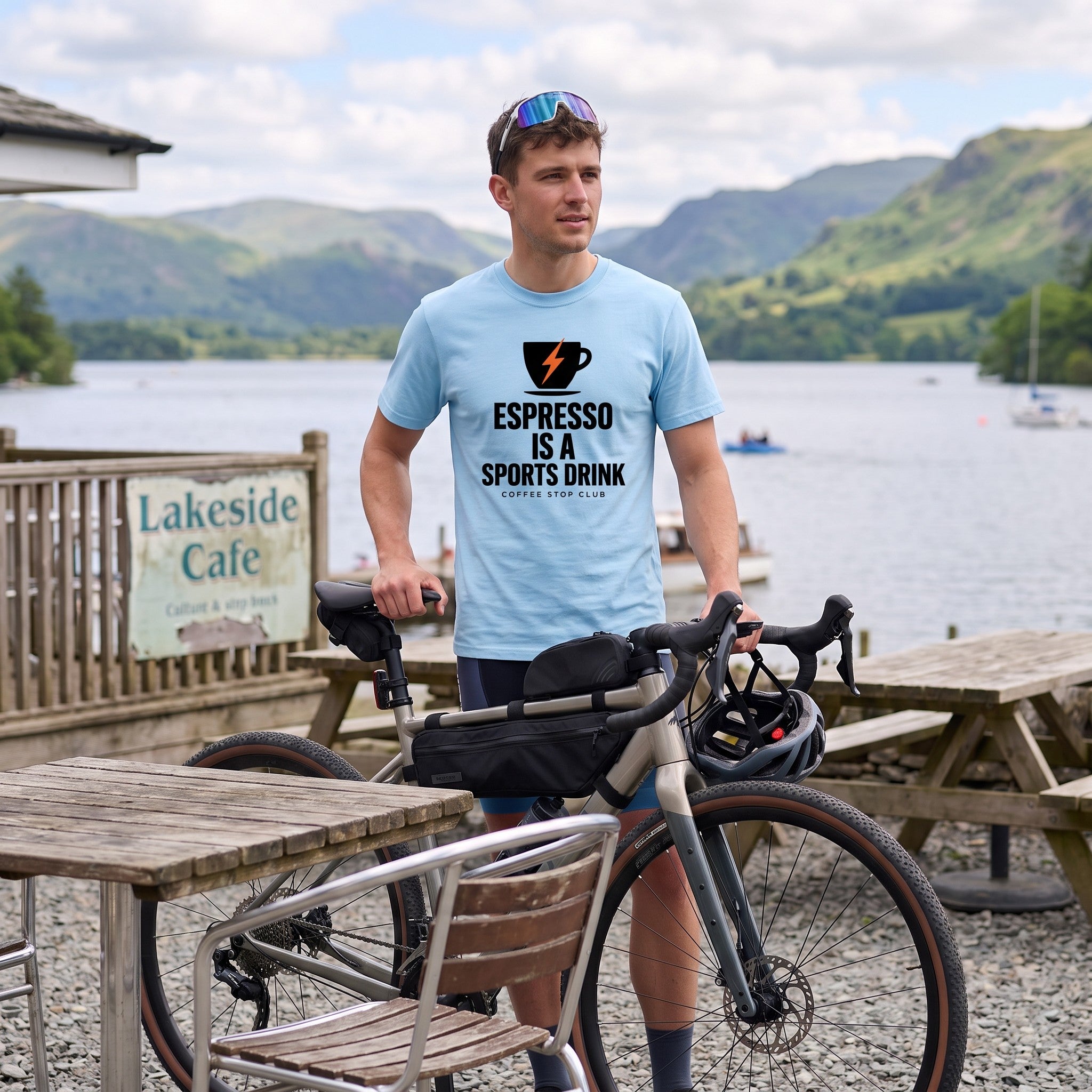 Espresso Is A Sports Drink Cycling T-Shirt — Chambray lifestyle