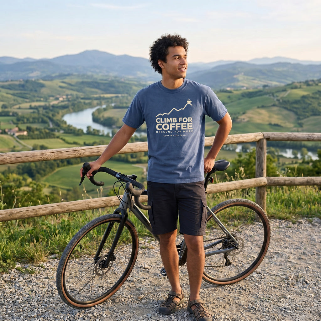 Climb For Coffee T‑Shirt — China Blue lifestyle