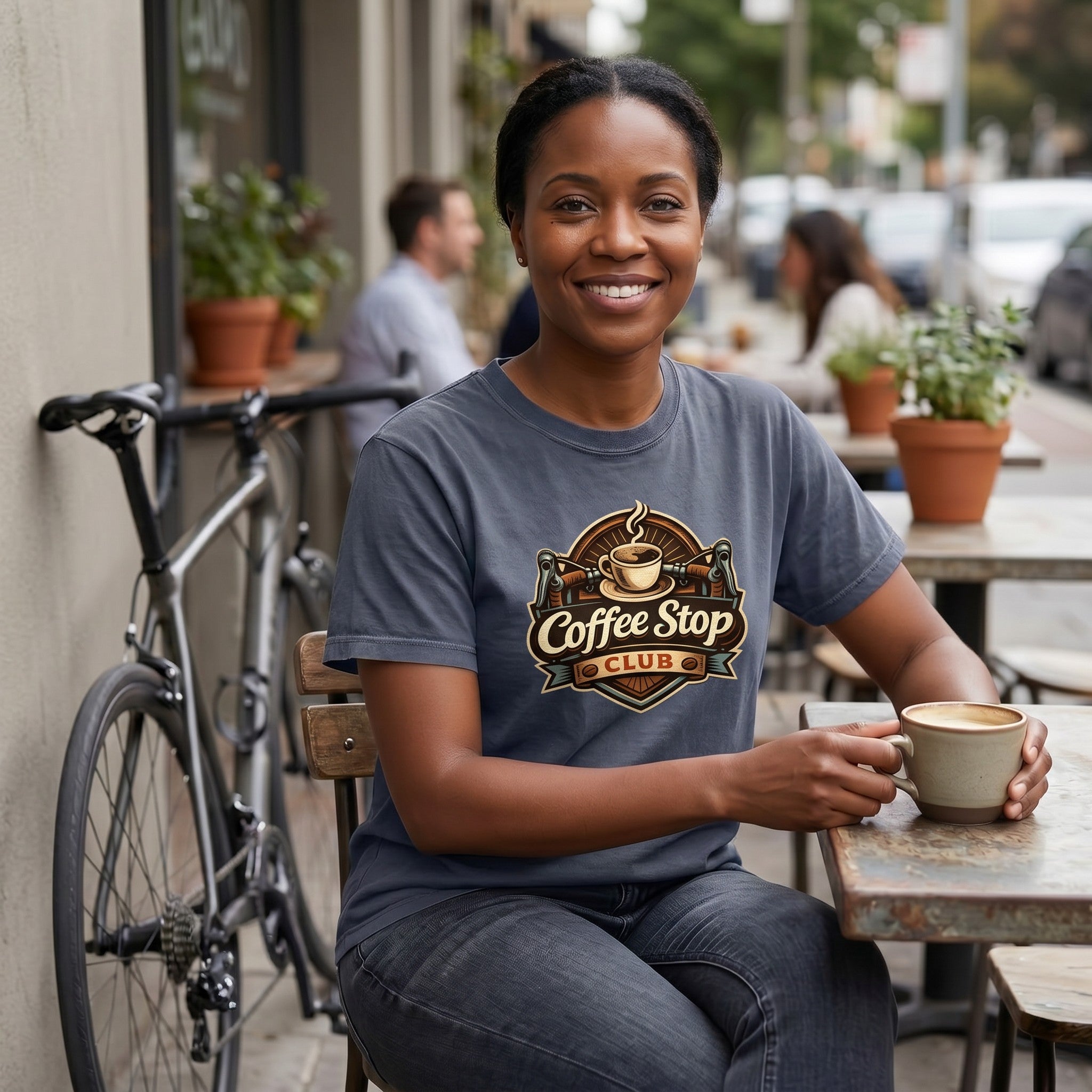 Vintage Coffee Stop Club T‑Shirt — Denim lifestyle