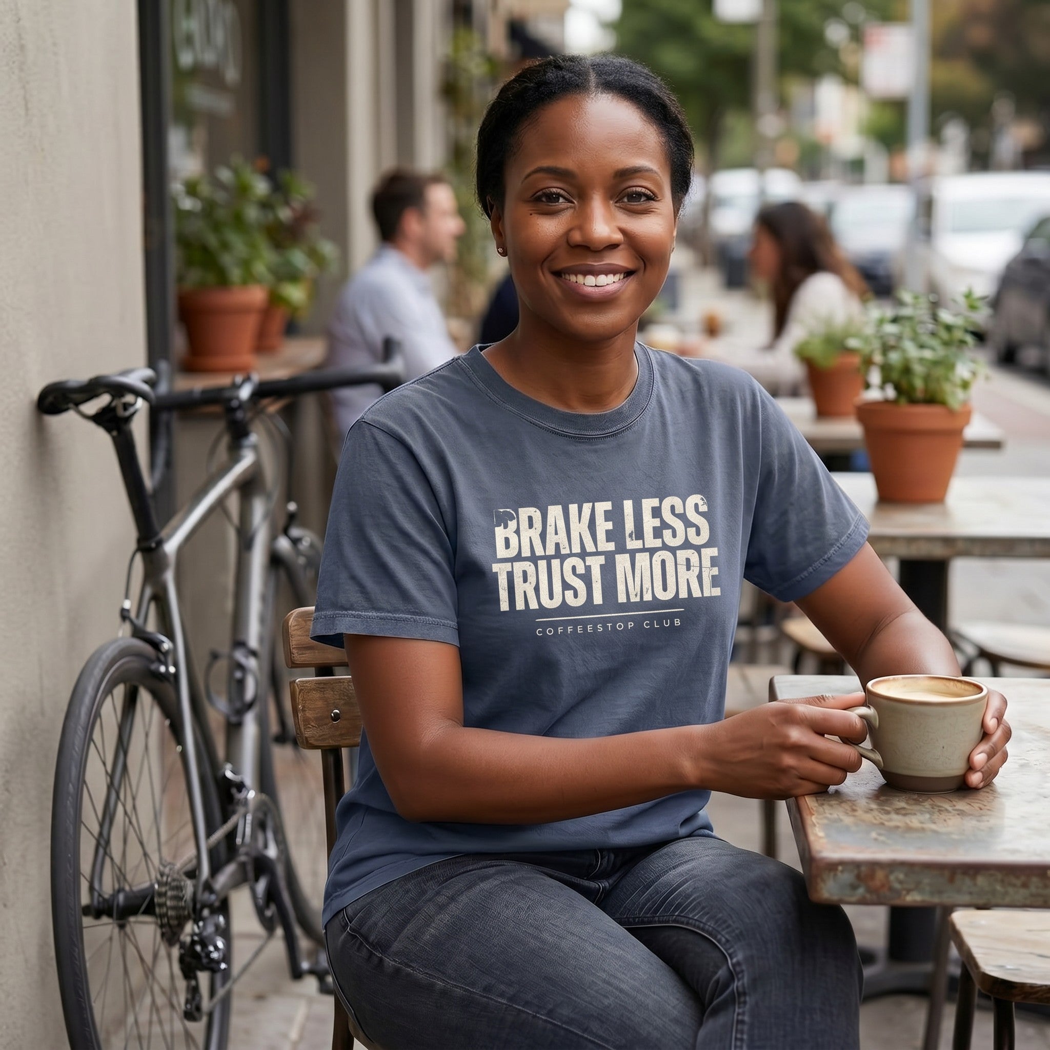Brake Less Trust More T‑Shirt — Denim lifestyle