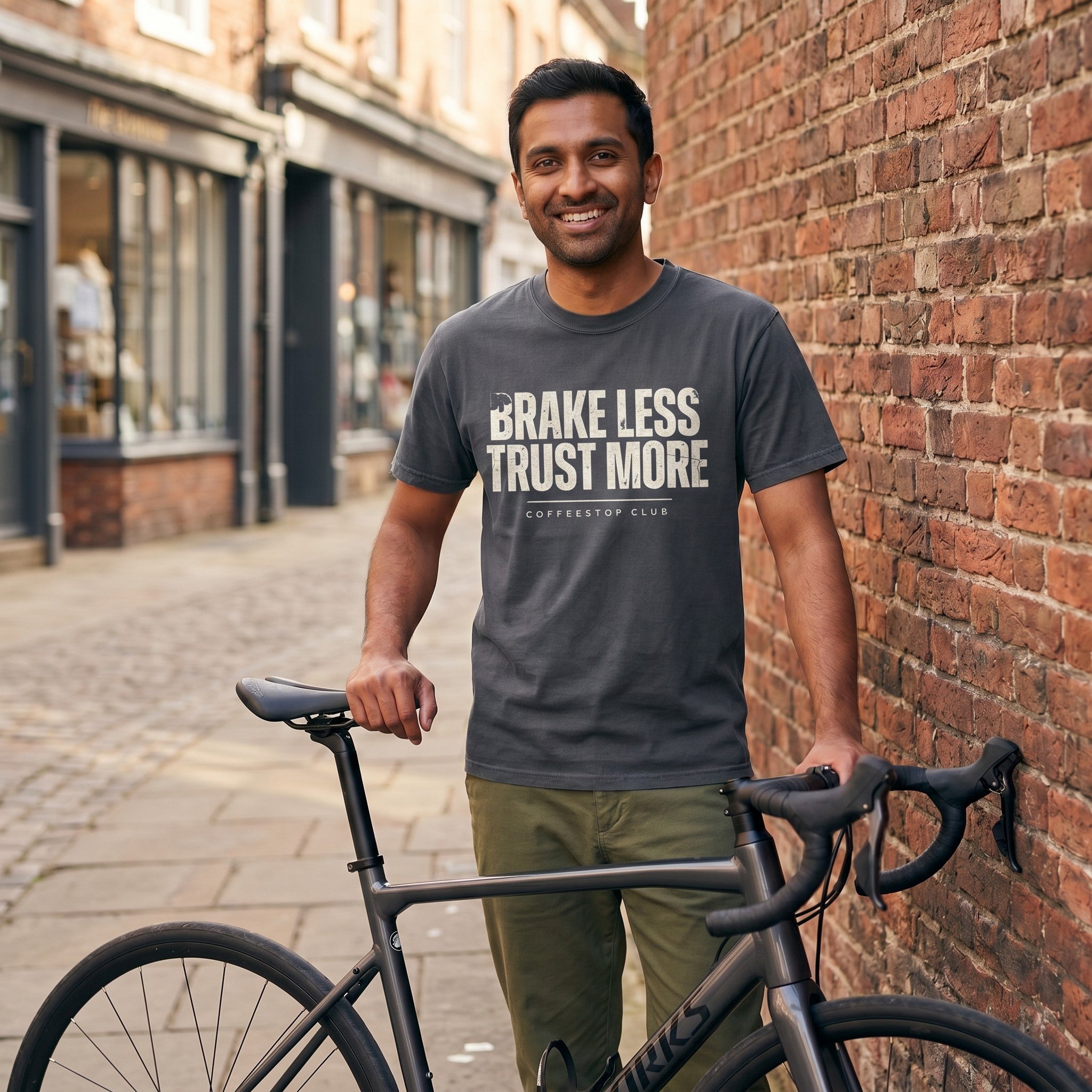 Brake Less Trust More T‑Shirt — Denim lifestyle