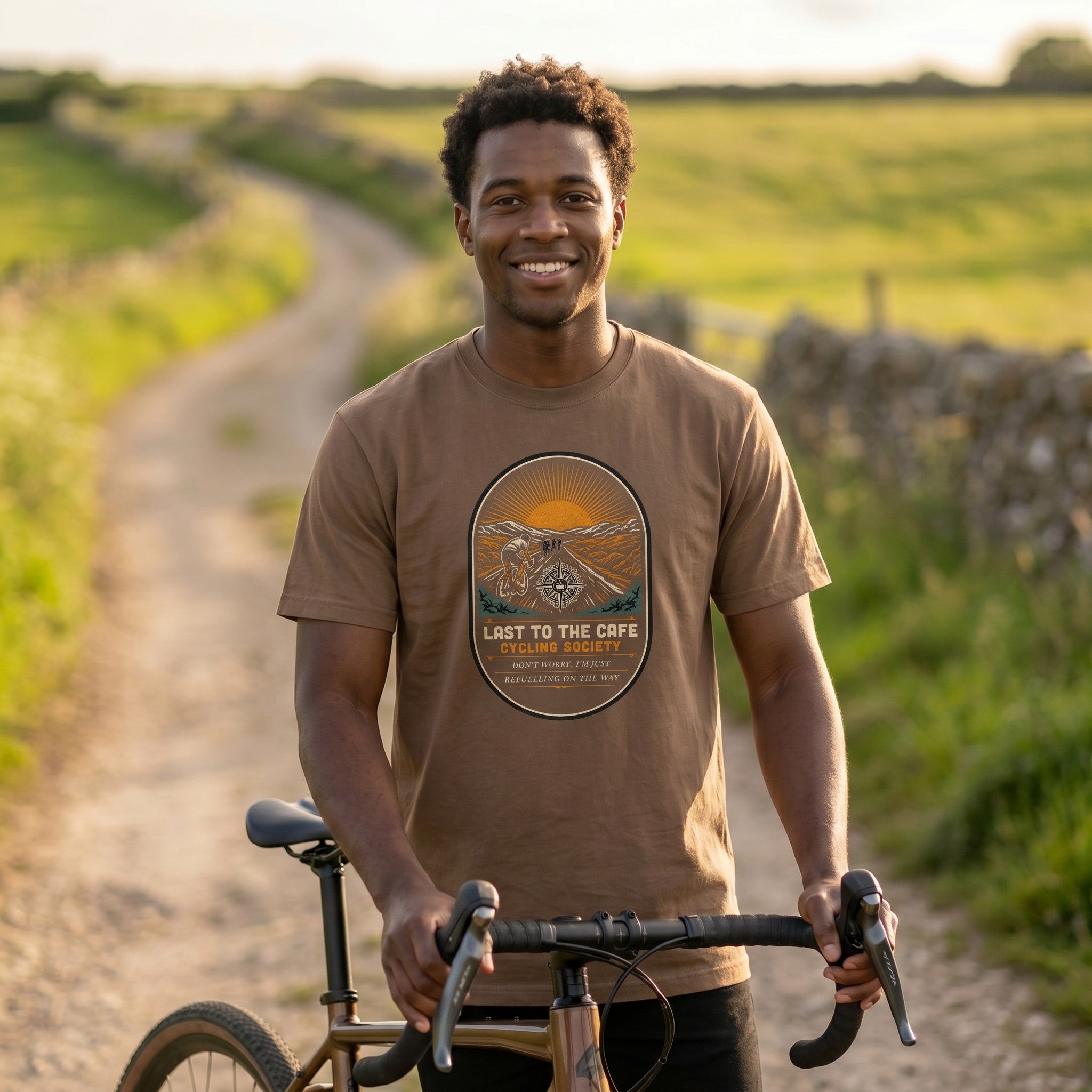 Last to the Café Cyclist T-Shirt — Espresso lifestyle