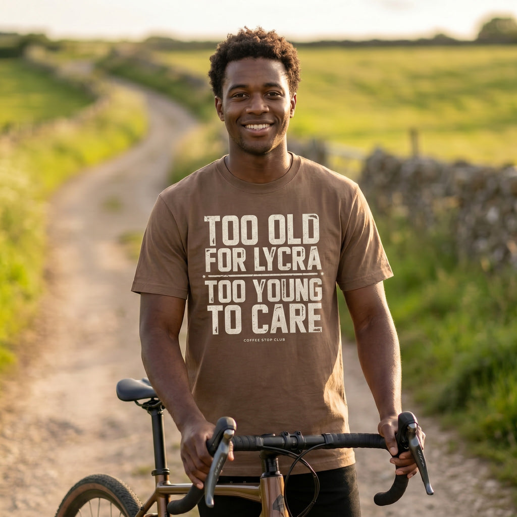 Too Old to Care T‑Shirt — Espresso lifestyle