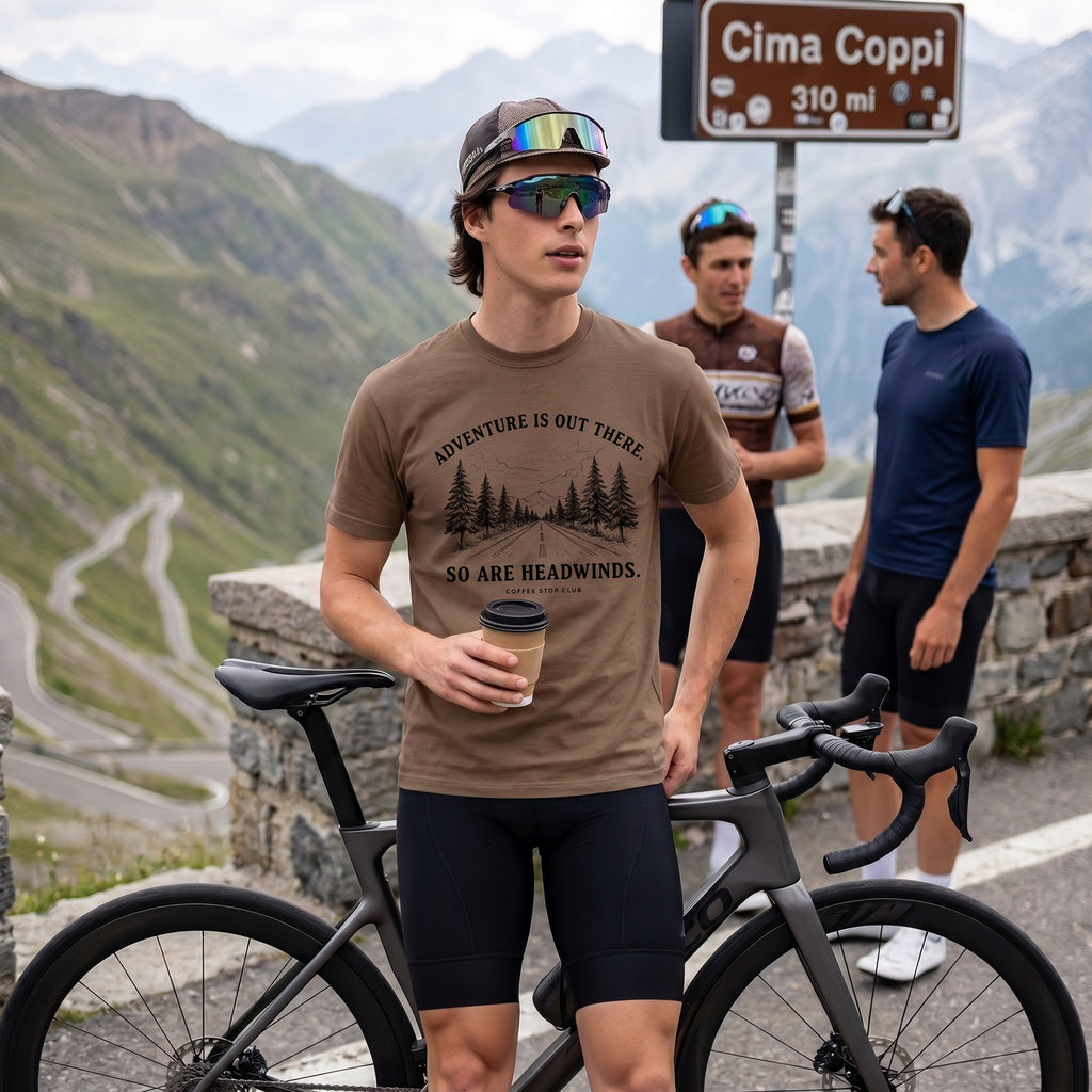 Adventure Is Out There Cycling T-Shirt — Espresso lifestyle