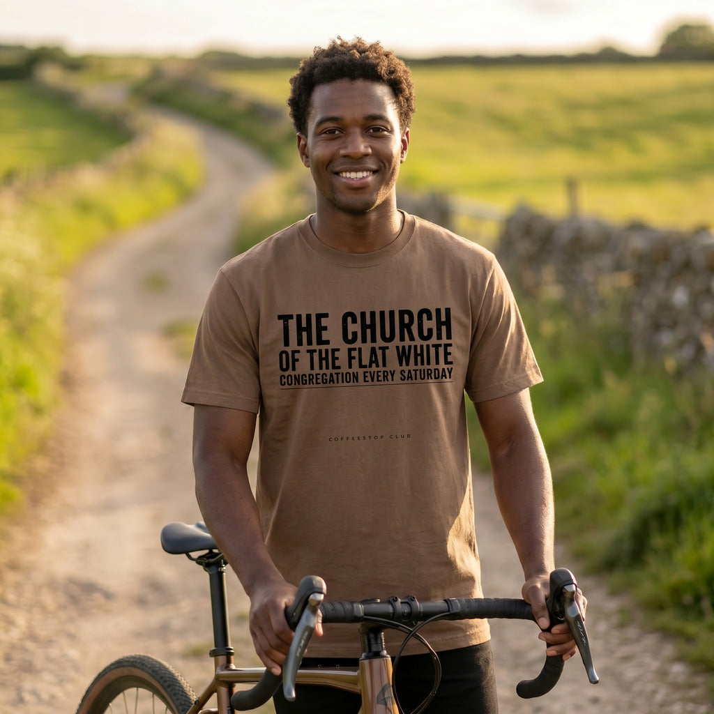 Church of the Flat White T‑Shirt — Espresso lifestyle