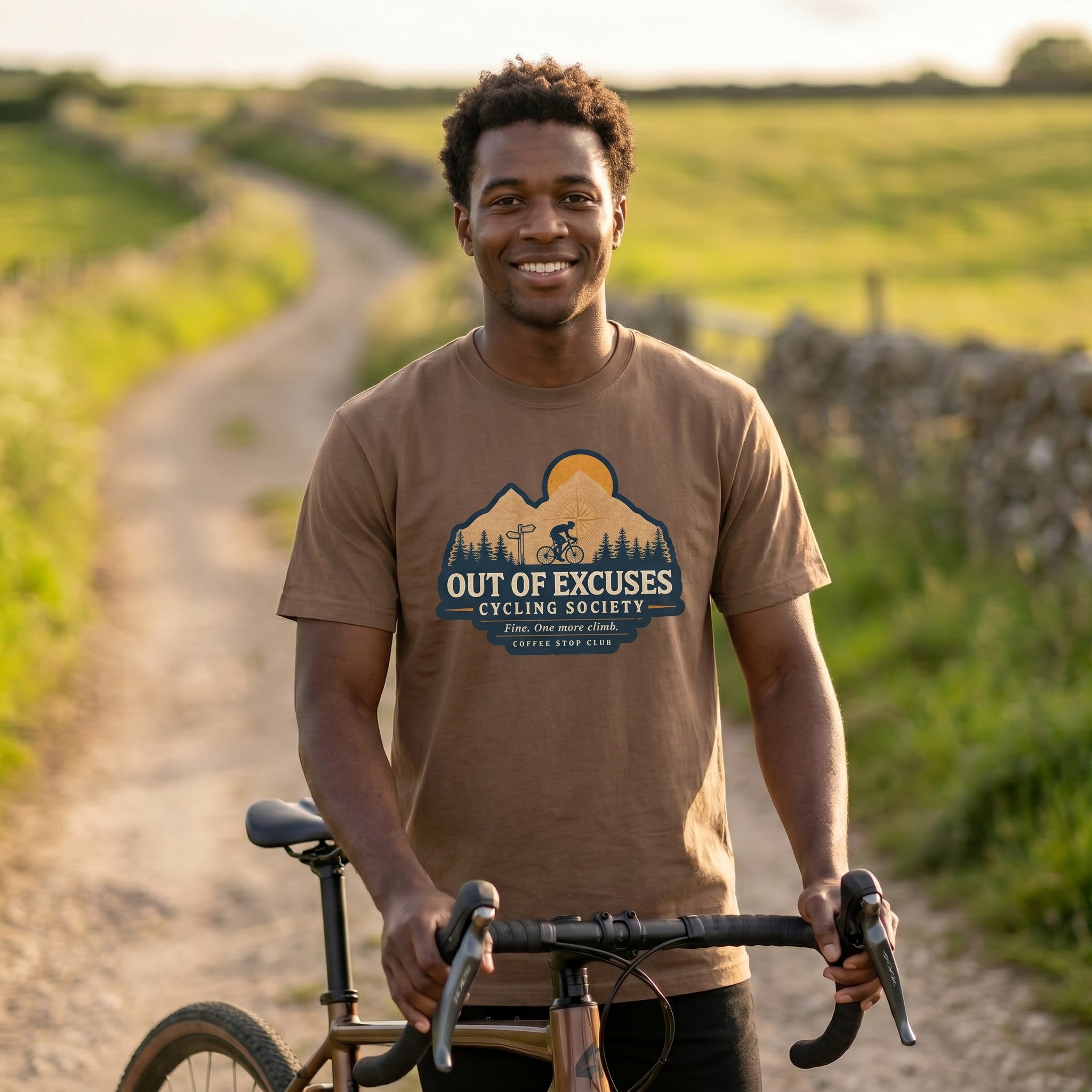 Out of Excuses Cyclist T-Shirt — Espresso lifestyle
