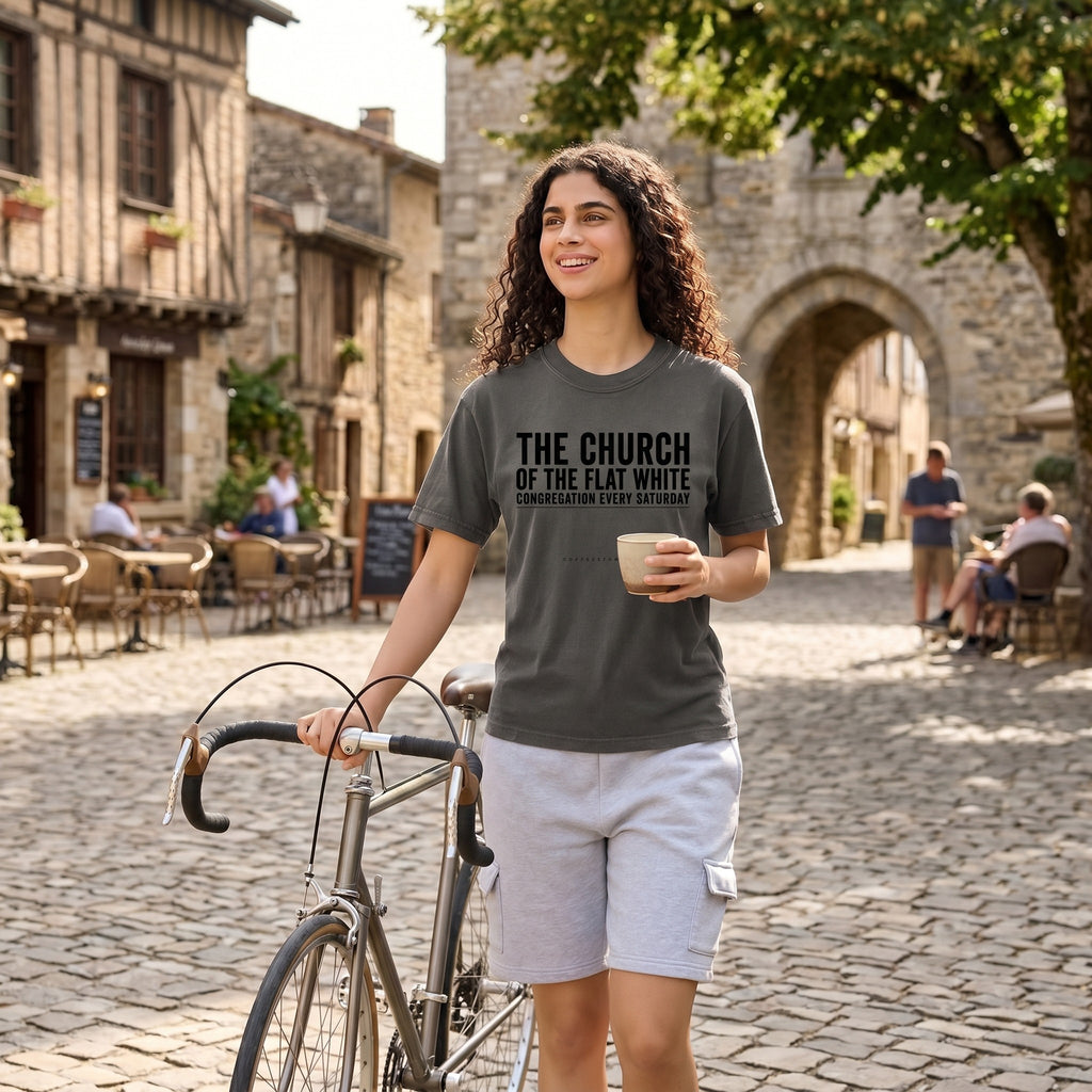 Church of the Flat White T‑Shirt — Graphite lifestyle