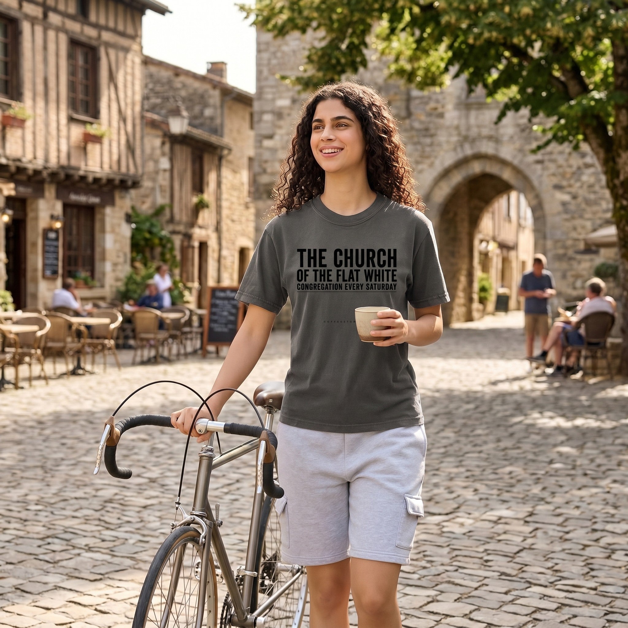 Church of the Flat White T‑Shirt — Graphite lifestyle