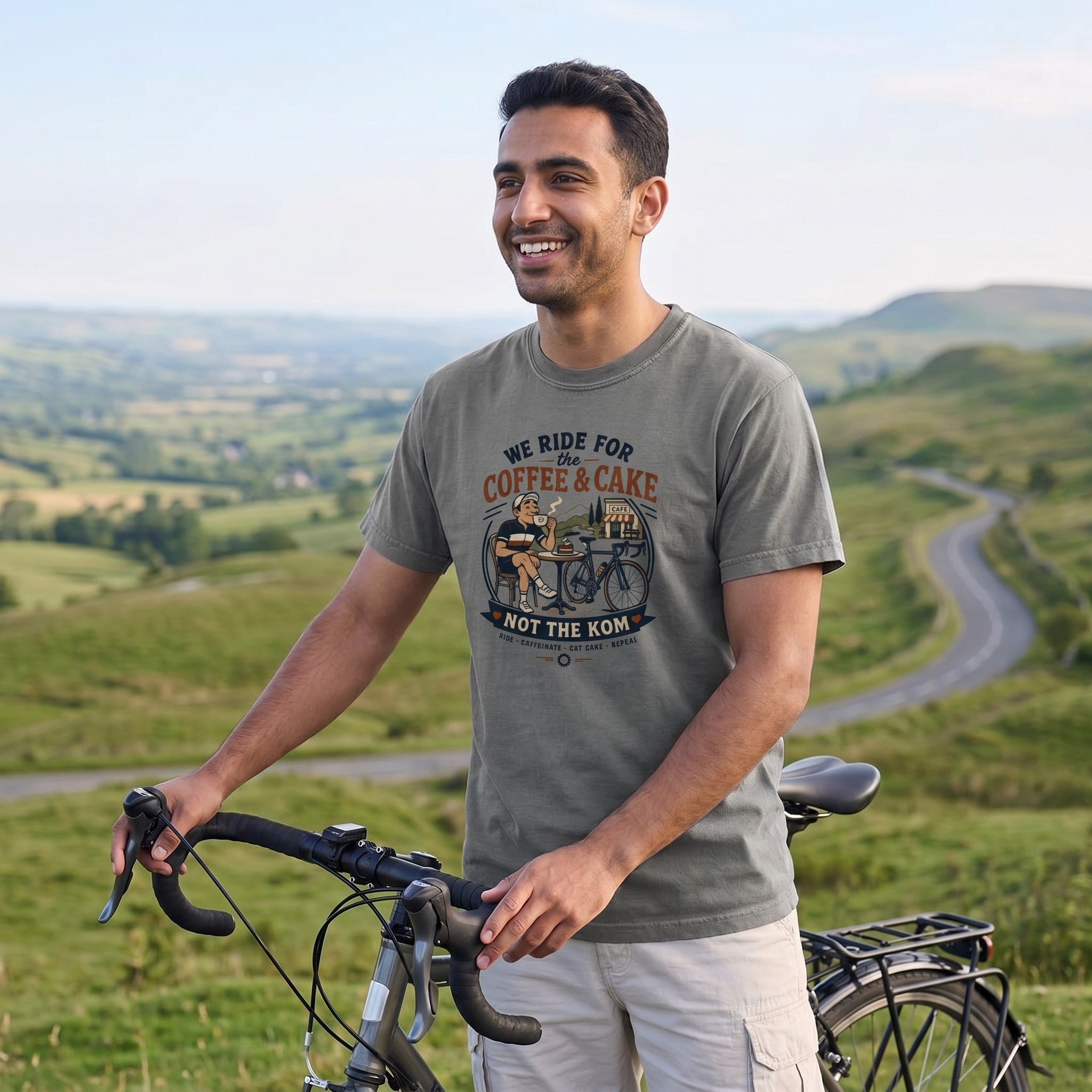Ride For Coffee  and Cake T-Shirt — Grey lifestyle