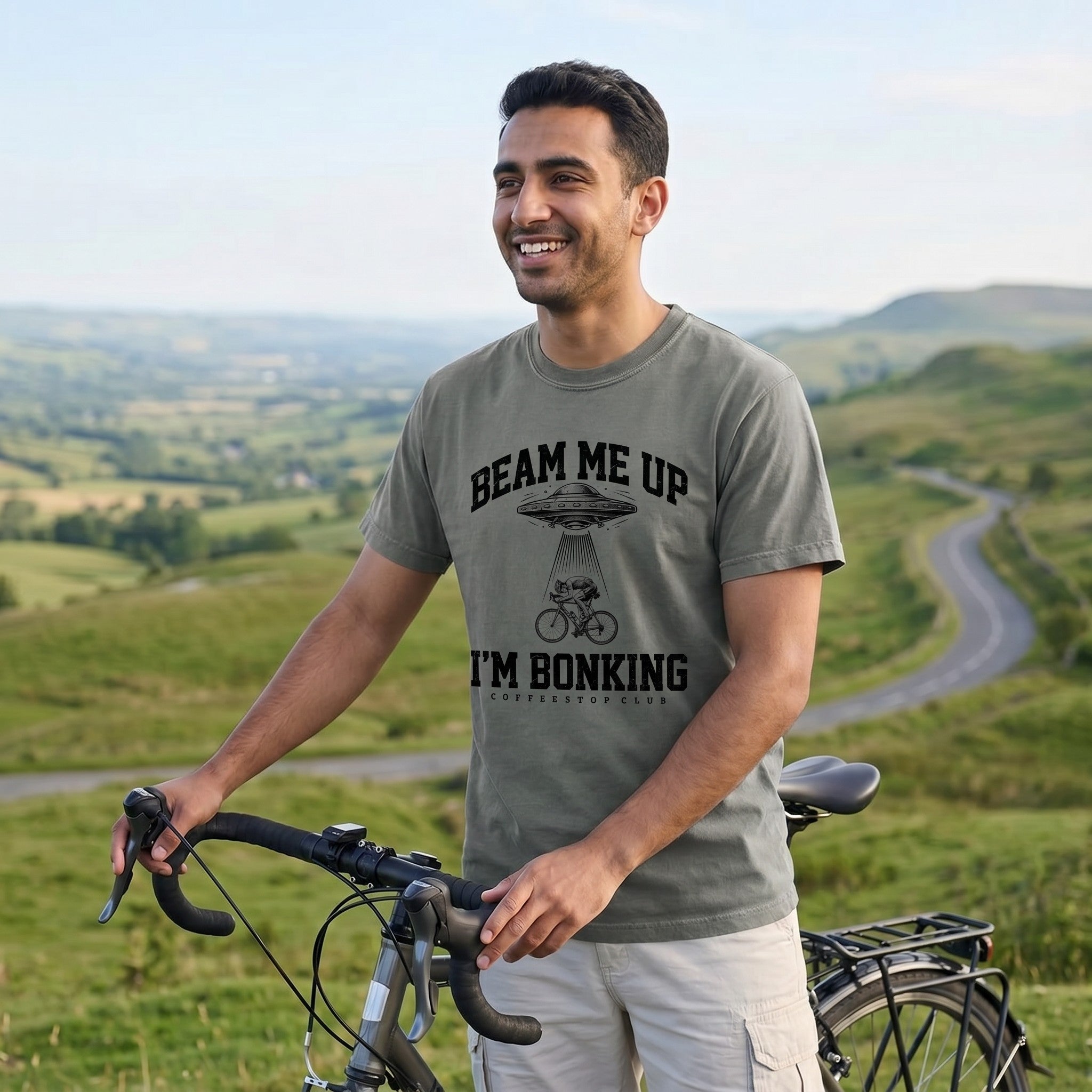 Beam Me Up Bonking Cycling T-Shirt — Grey lifestyle