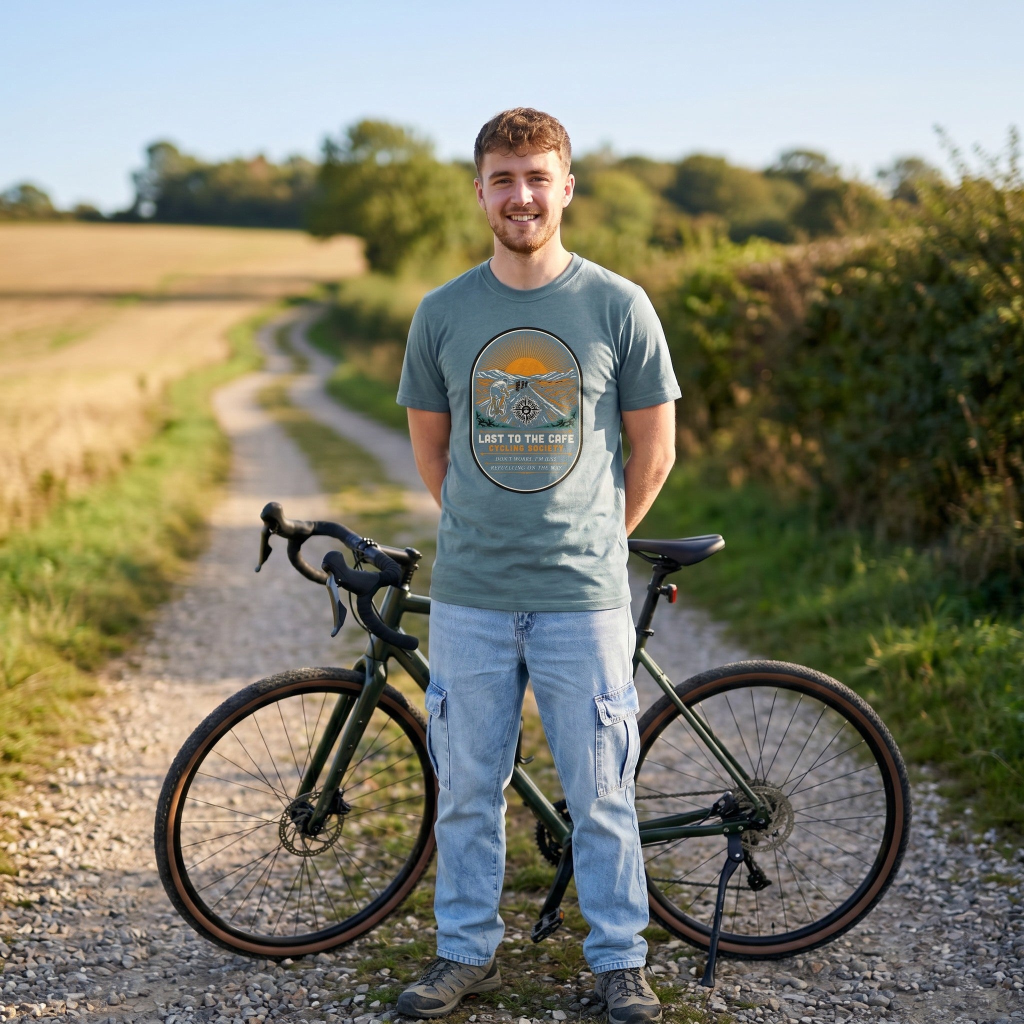 Last to the Café Cyclist T-Shirt — Ice Blue lifestyle