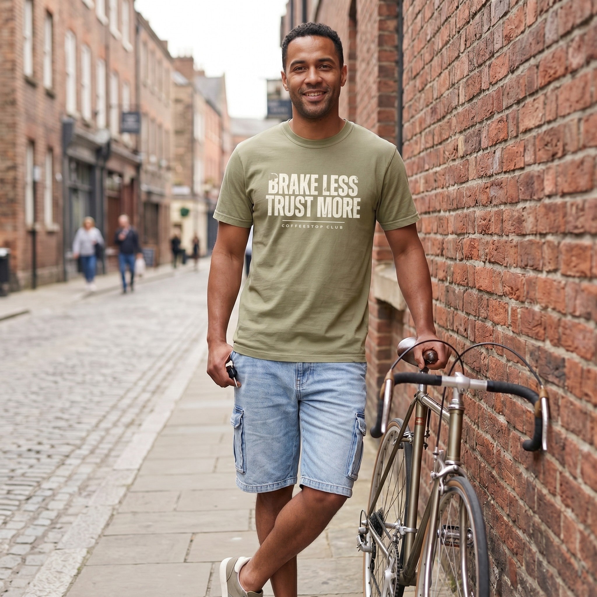 Brake Less Trust More T‑Shirt — Khaki lifestyle