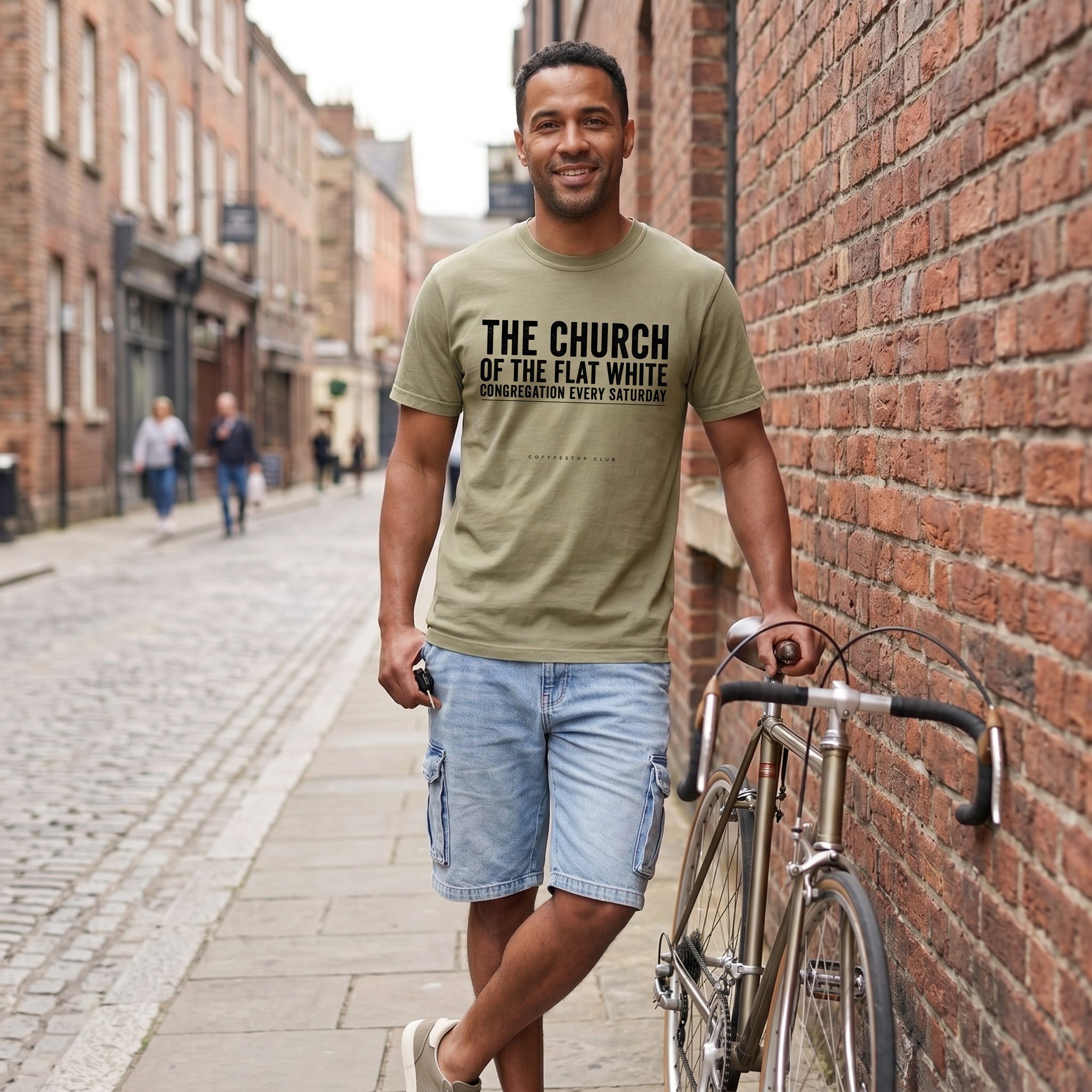 Church of the Flat White T‑Shirt — Khaki lifestyle