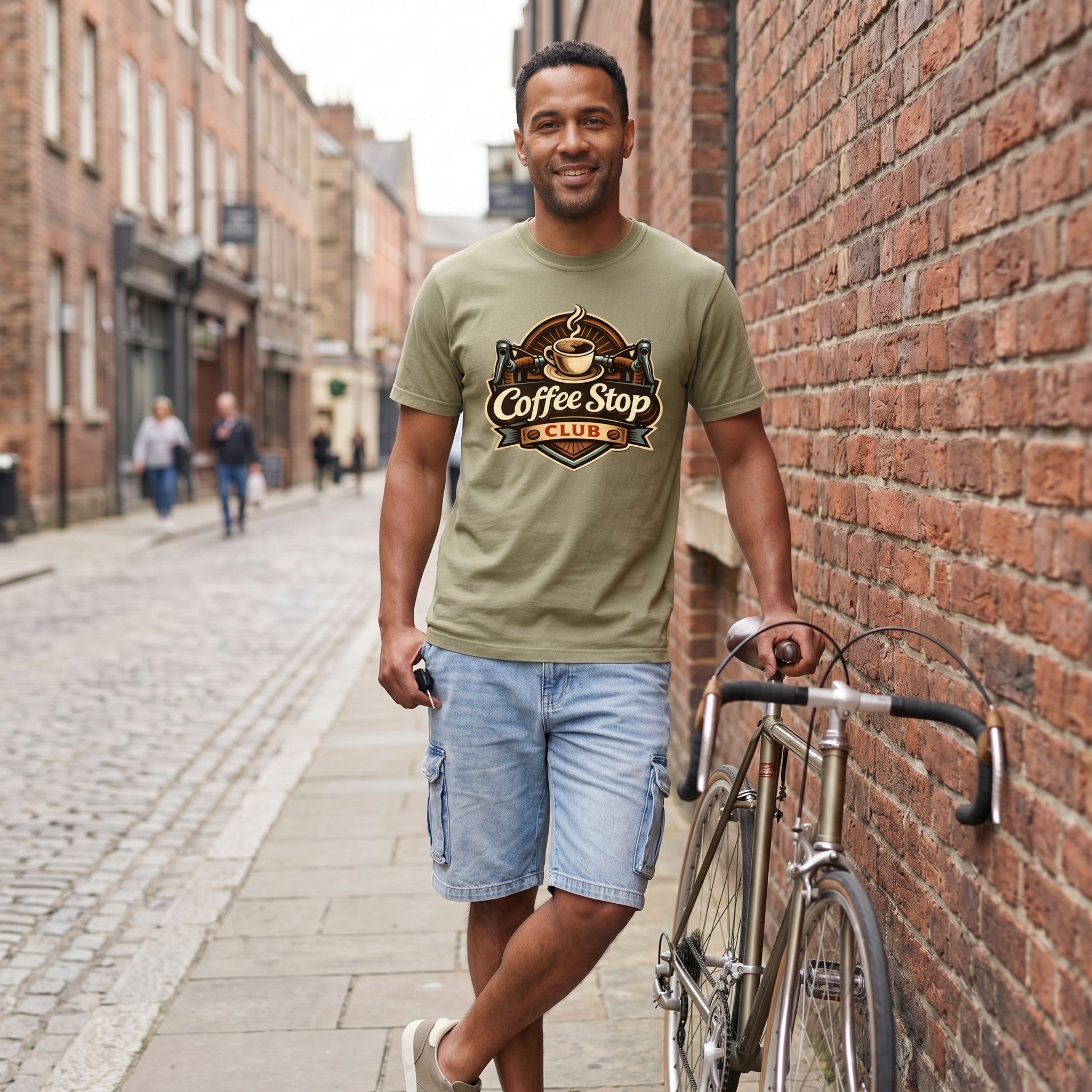 Vintage Coffee Stop Club T‑Shirt — Khaki lifestyle