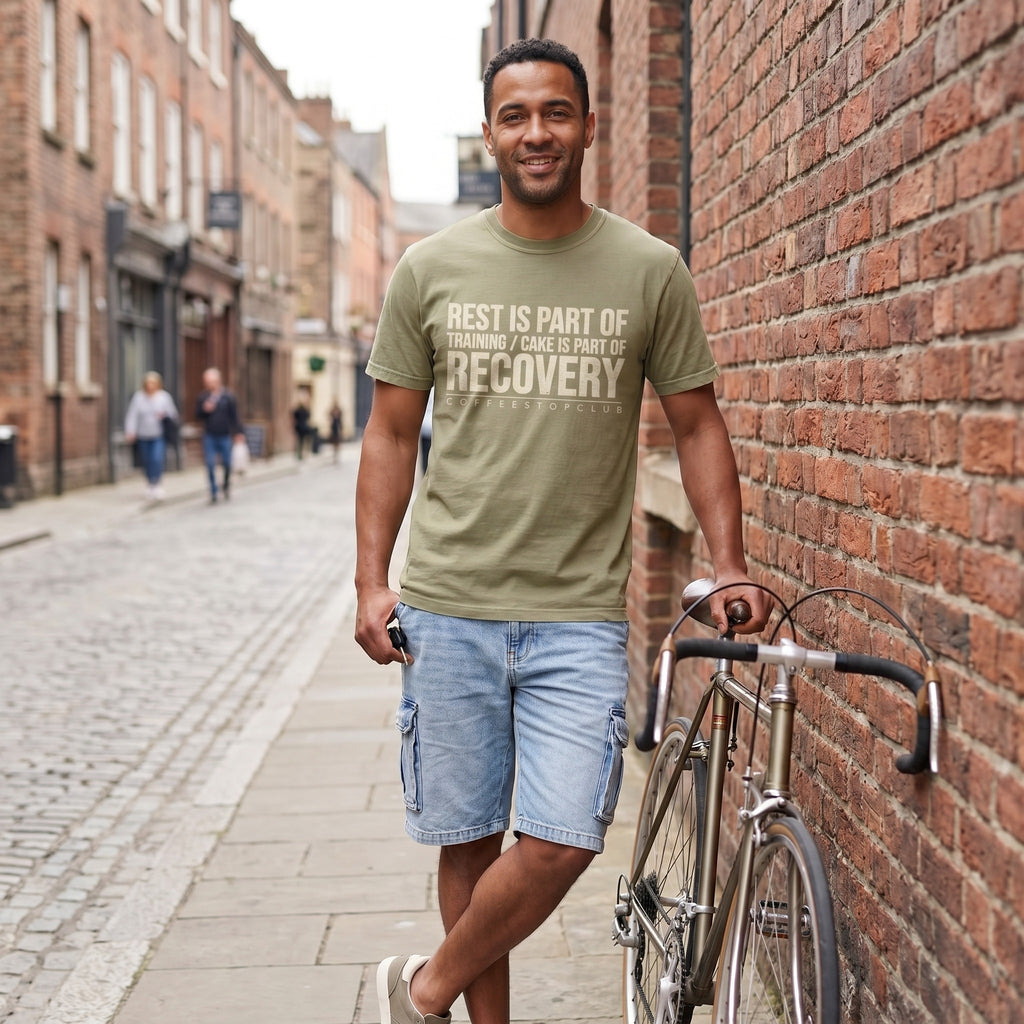 Rest is Recovery T‑Shirt — Khaki lifestyle