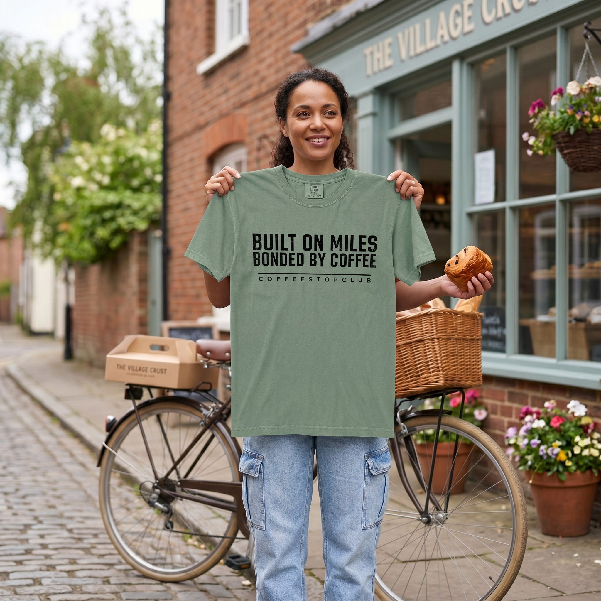 Bonded by Coffee T‑Shirt — Light Green lifestyle
