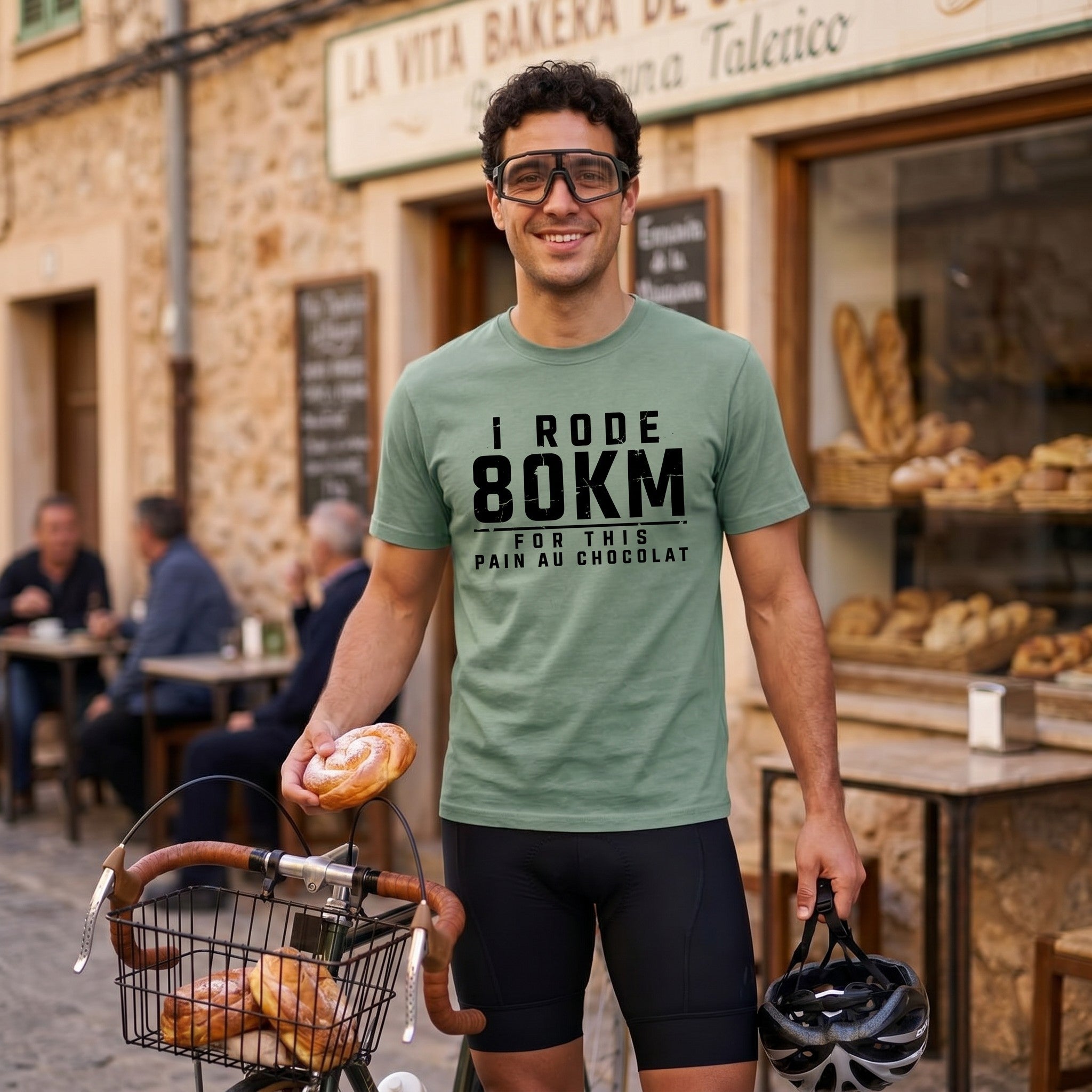 I Rode 800km For a Pain au Chocolat T‑Shirt — Light Green lifestyle