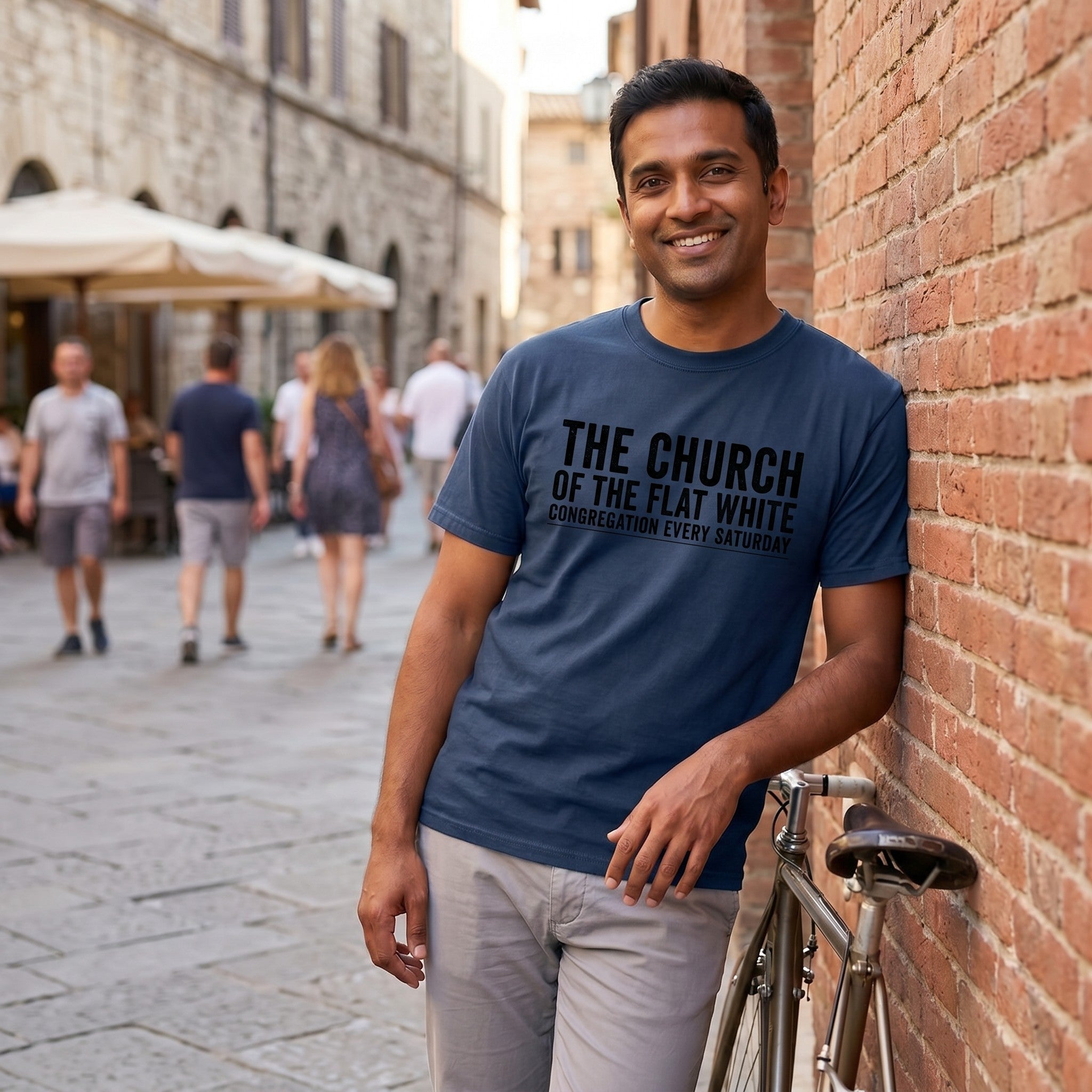 Church of the Flat White T‑Shirt — Midnight lifestyle