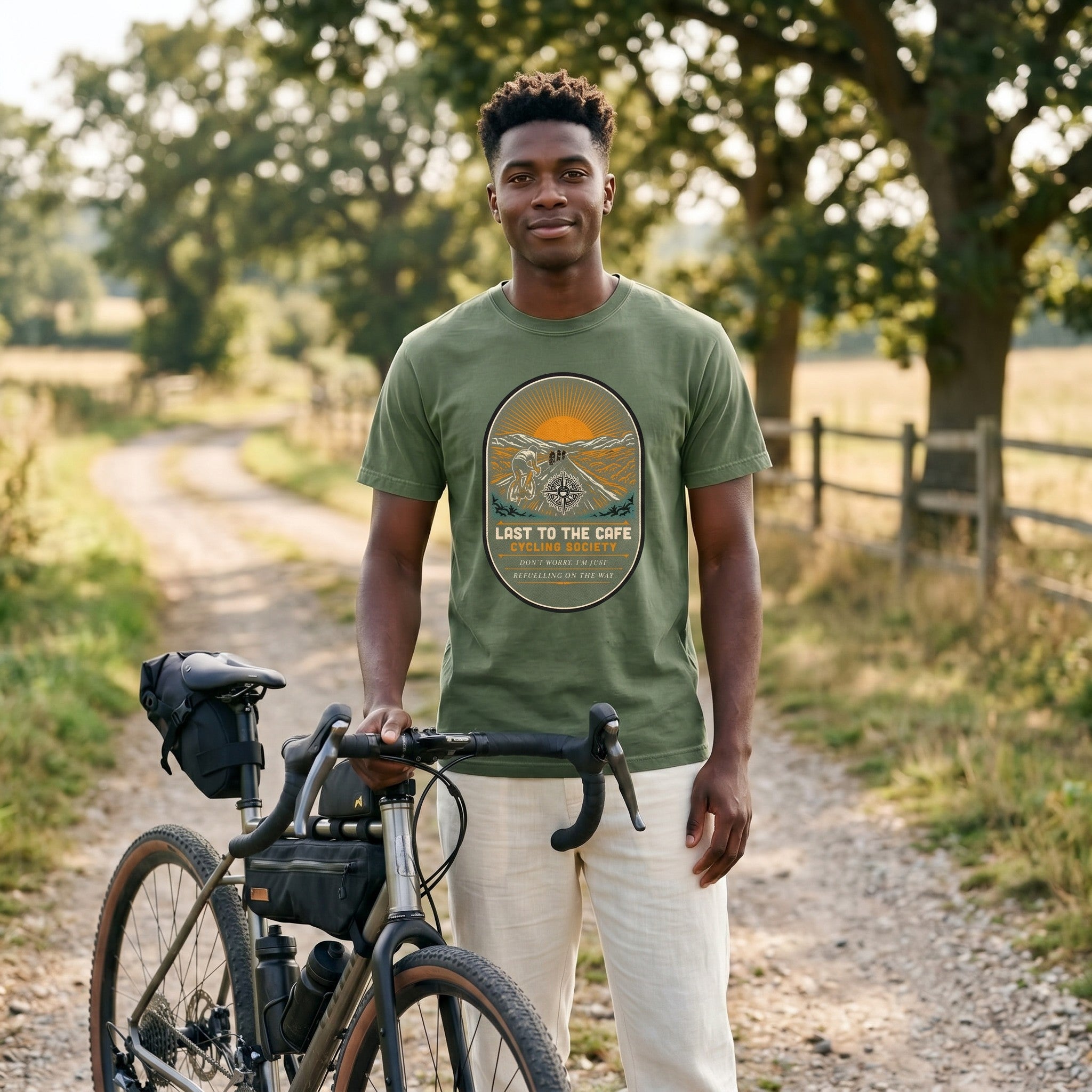 Last to the Café Cyclist T-Shirt — Moss lifestyle