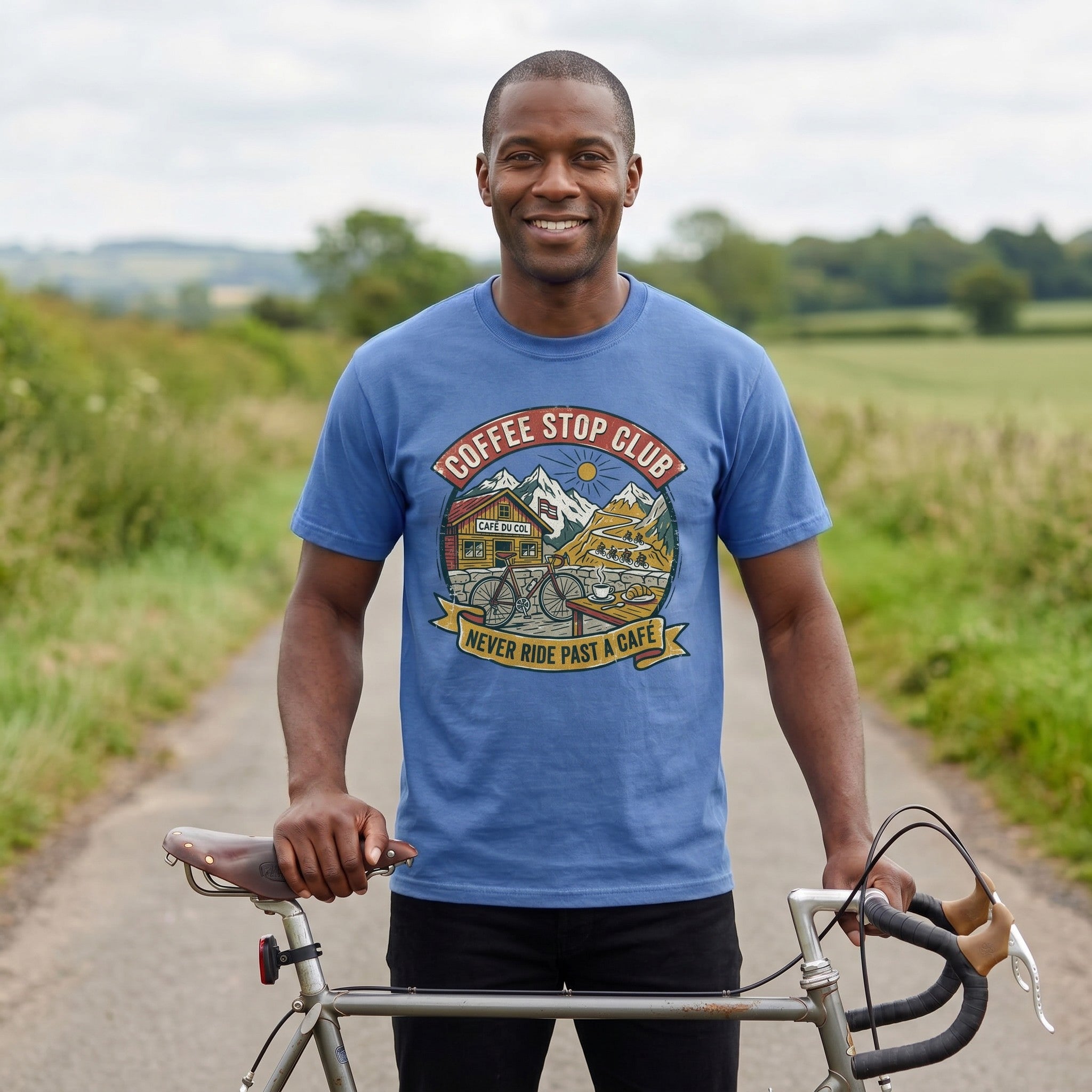 Never Pass a Café T‑Shirt — Mystic Blue lifestyle