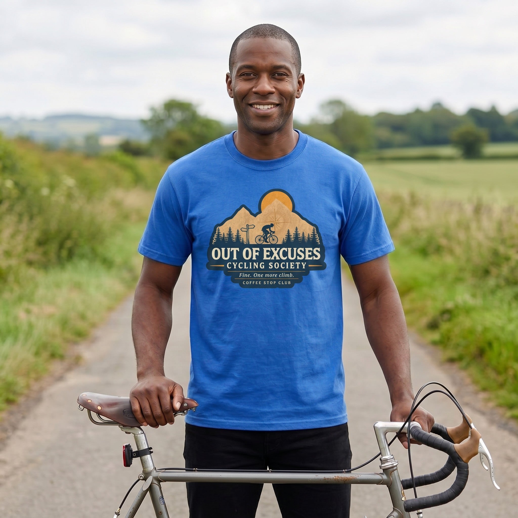 Out of Excuses Cyclist T-Shirt — Mystic Blue lifestyle