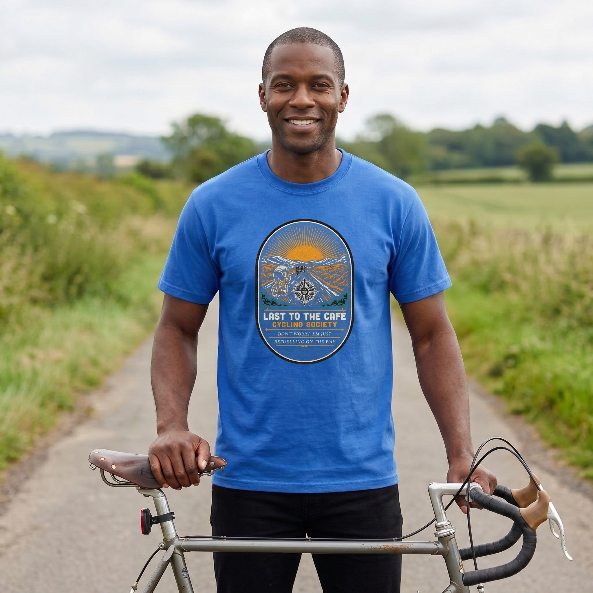 Last to the Café Cyclist T-Shirt — Mystic Blue lifestyle