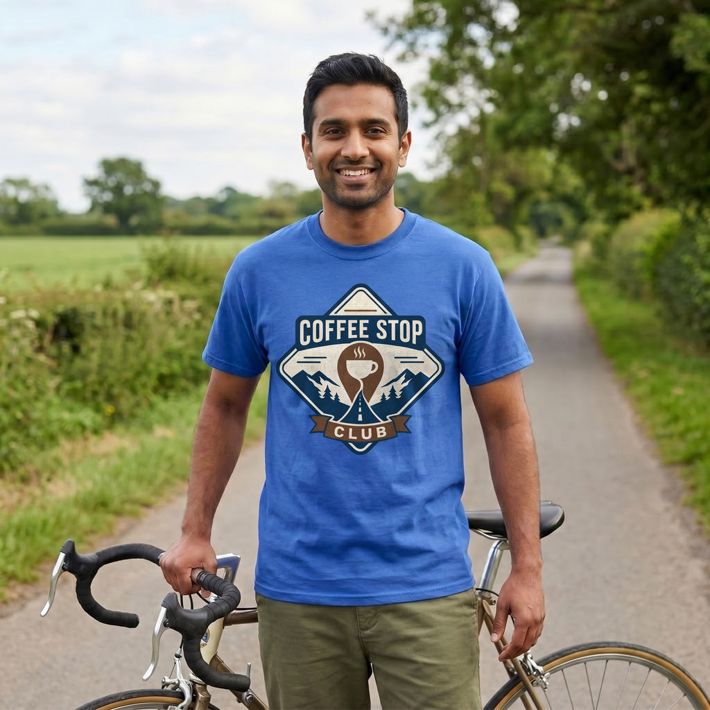 The Coffee Stop Club T‑Shirt — Mystic Blue lifestyle