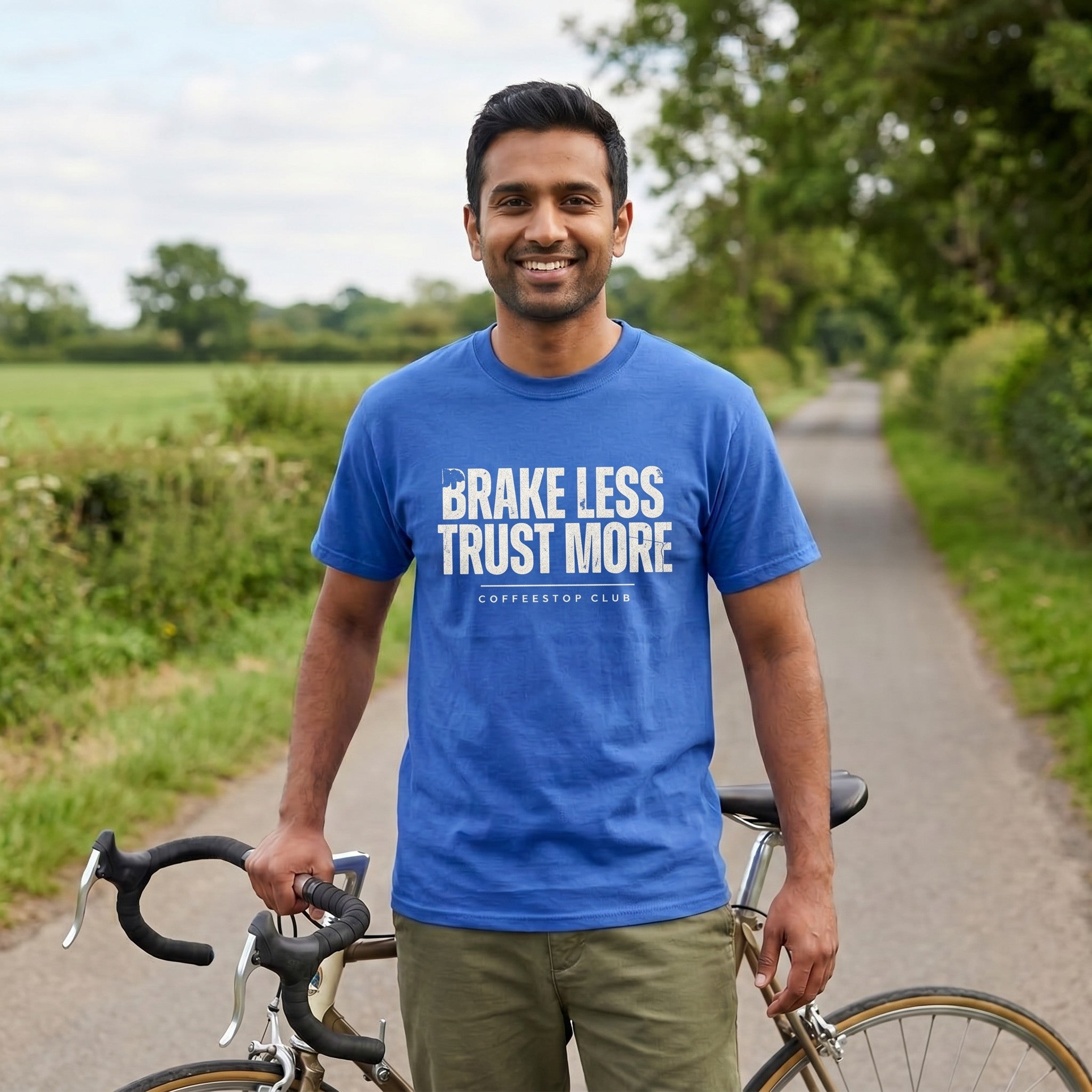 Brake Less Trust More T‑Shirt — Mystic Blue lifestyle