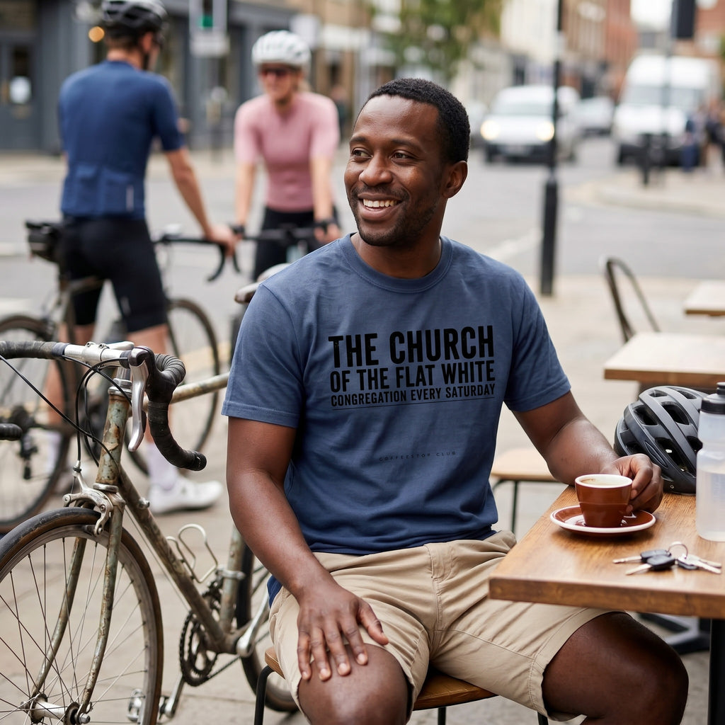 Church of the Flat White T‑Shirt — Navy lifestyle