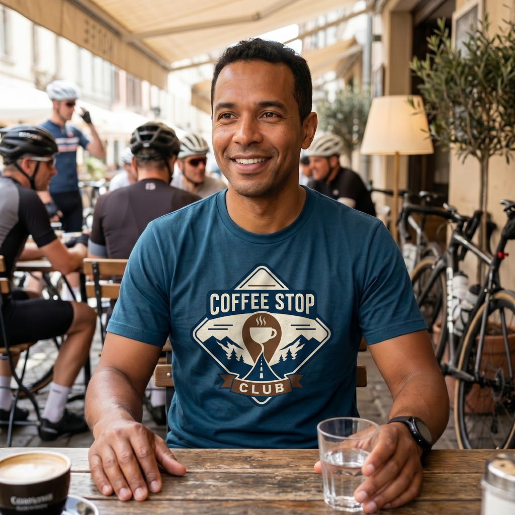 The Coffee Stop Club T‑Shirt — Navy lifestyle