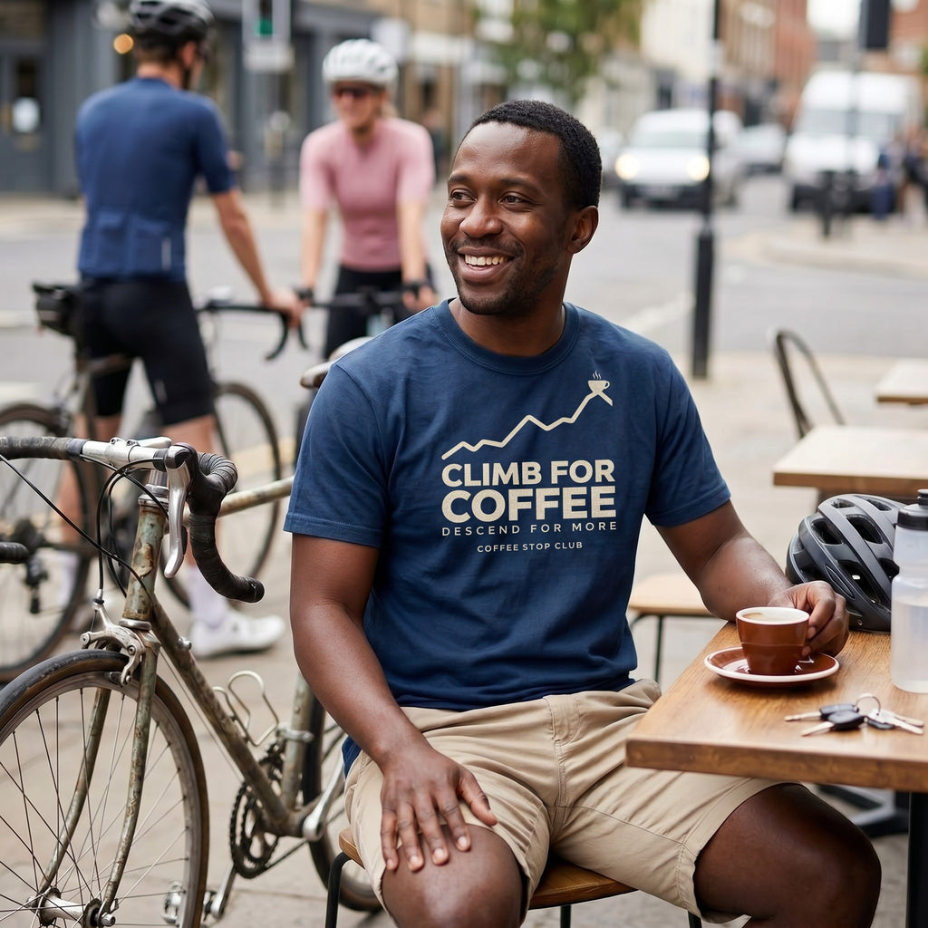 Climb For Coffee T‑Shirt — Navy lifestyle