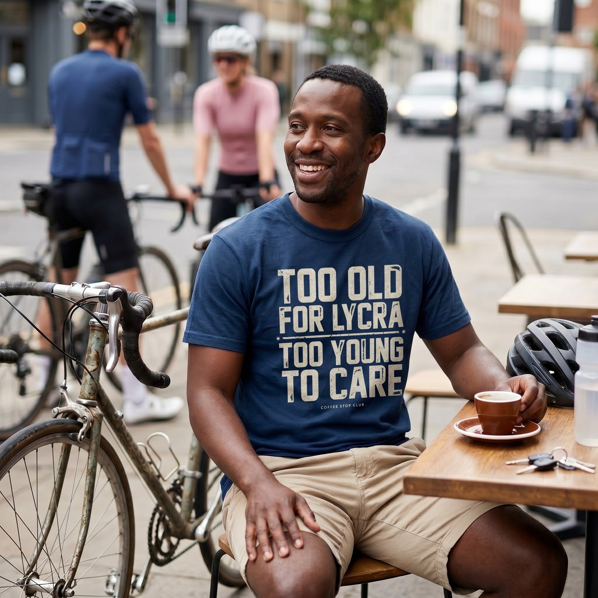 Too Old to Care T‑Shirt — Navy lifestyle
