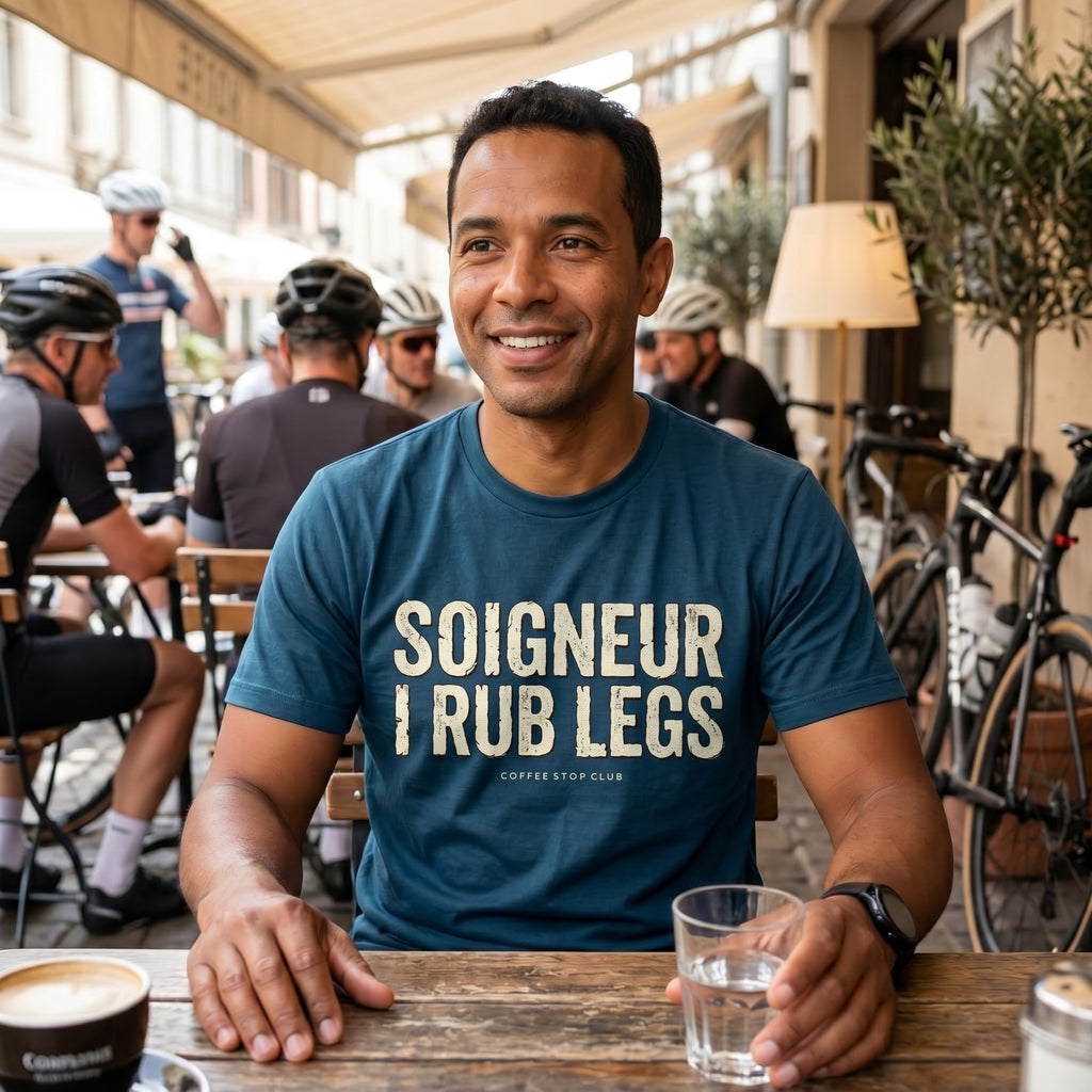 Soigneur Leg Rub Tour T‑Shirt — Navy lifestyle
