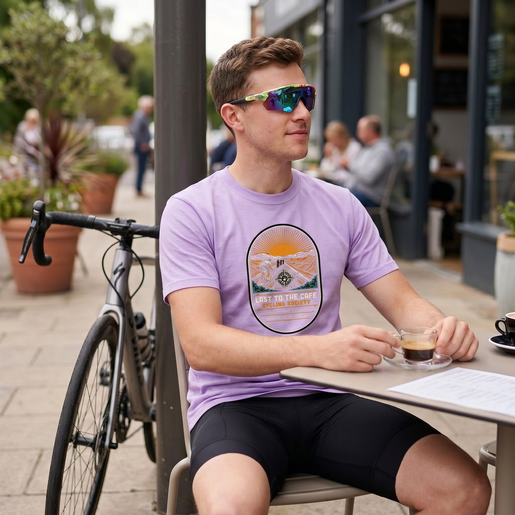 Last to the Café Cyclist T-Shirt — Orchid lifestyle