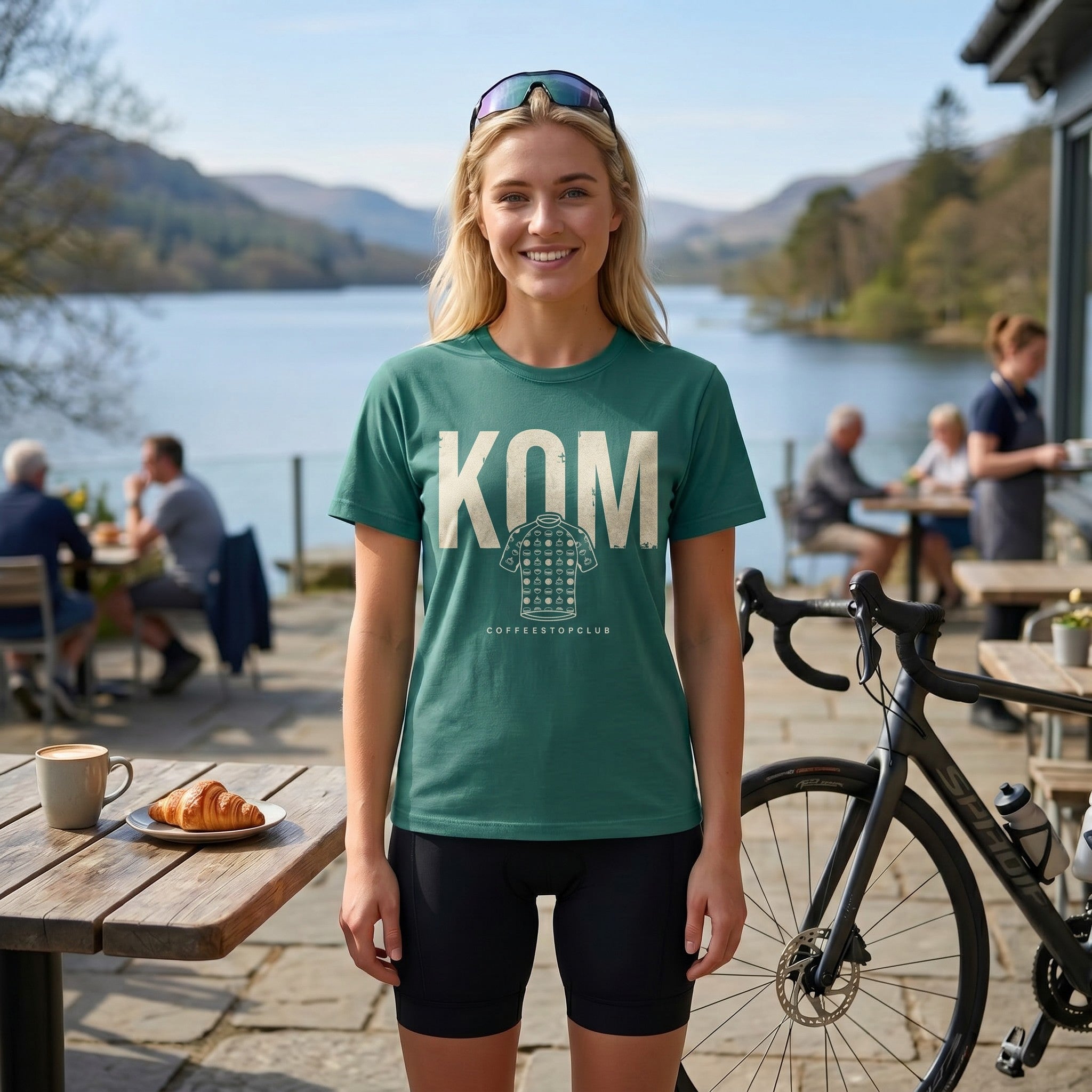 KOM Cake Stop Cycling T-Shirt — Seafoam lifestyle