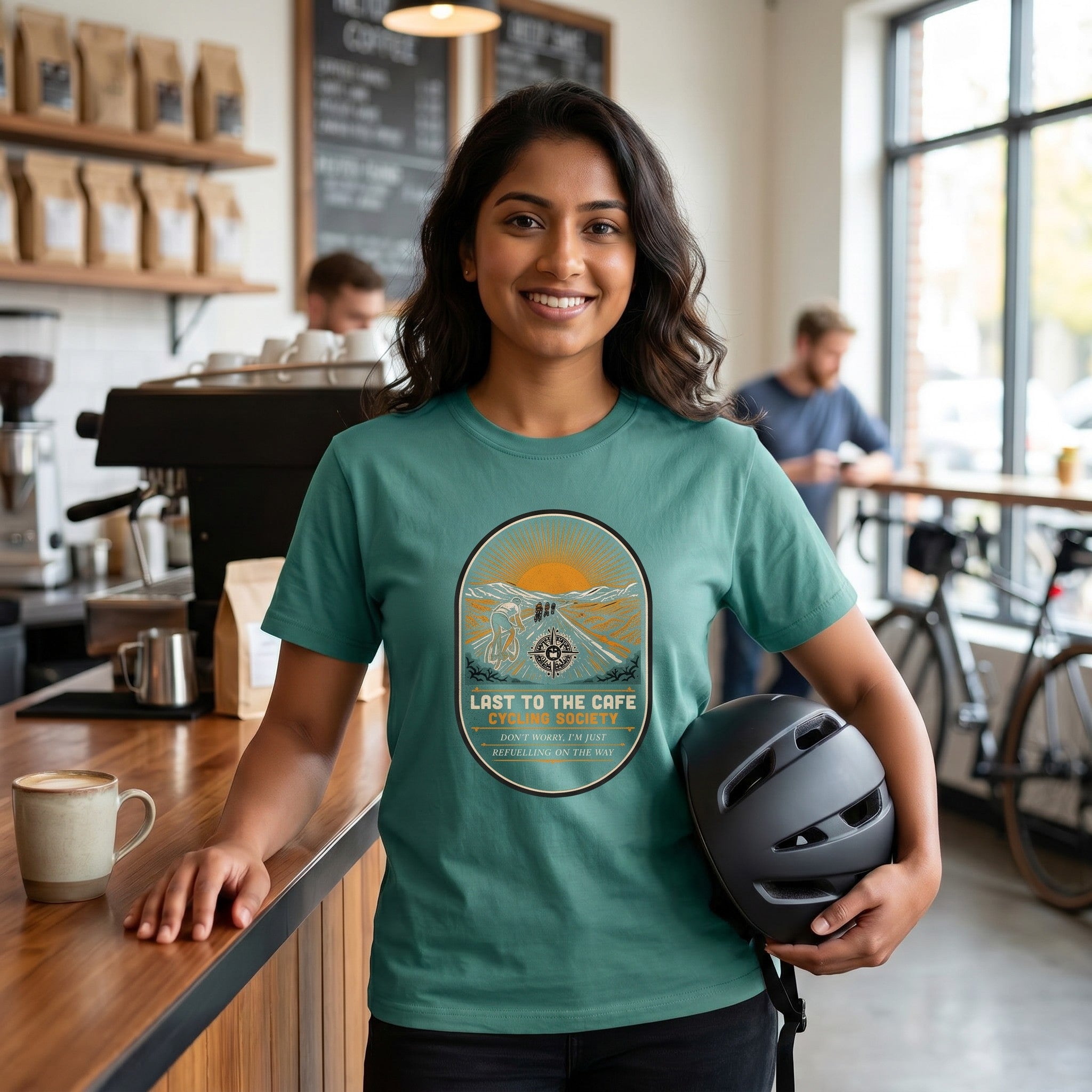 Last to the Café Cyclist T-Shirt — Seafoam lifestyle
