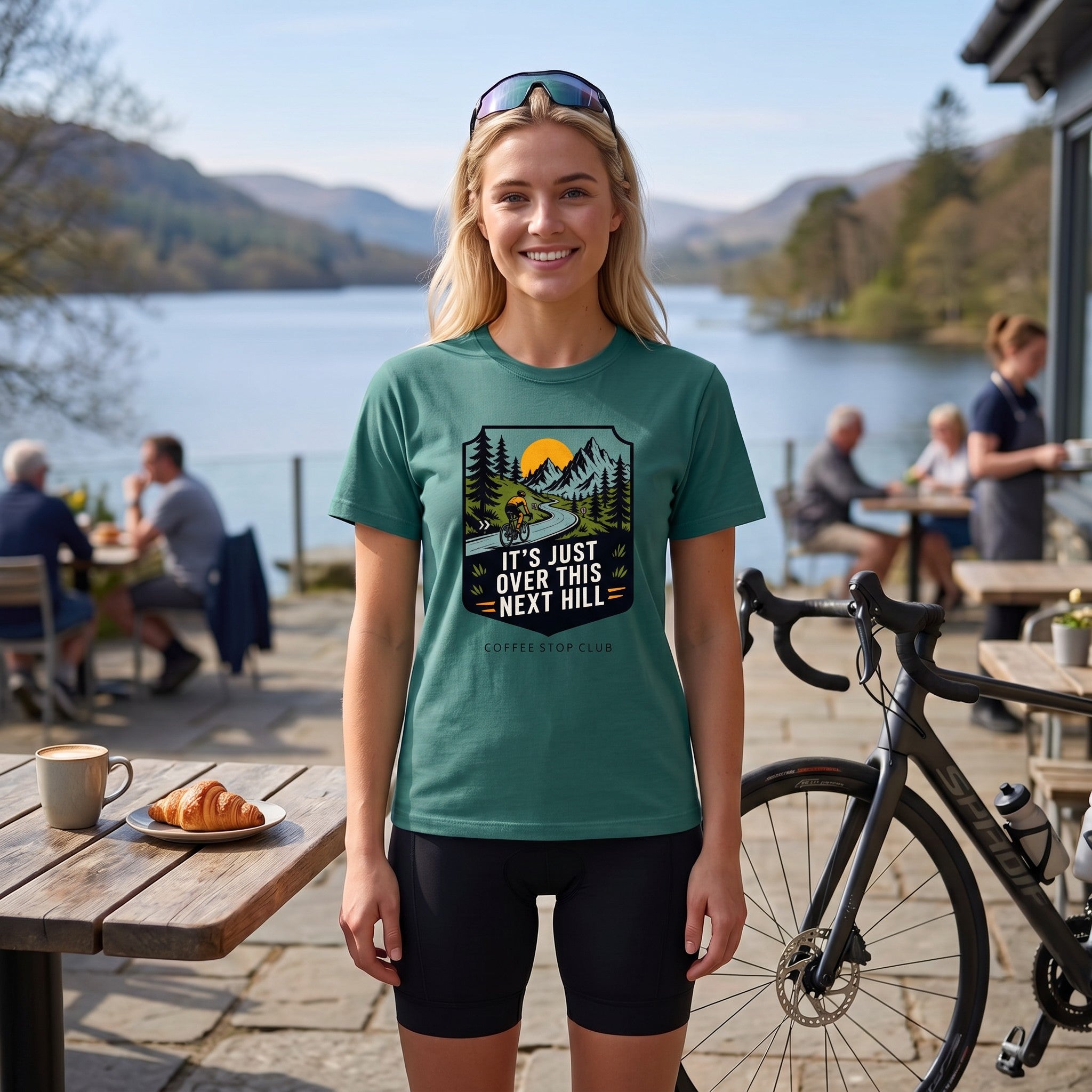 It's Just Over This Next Hill Cycling T-Shirt — Seafoam lifestyle