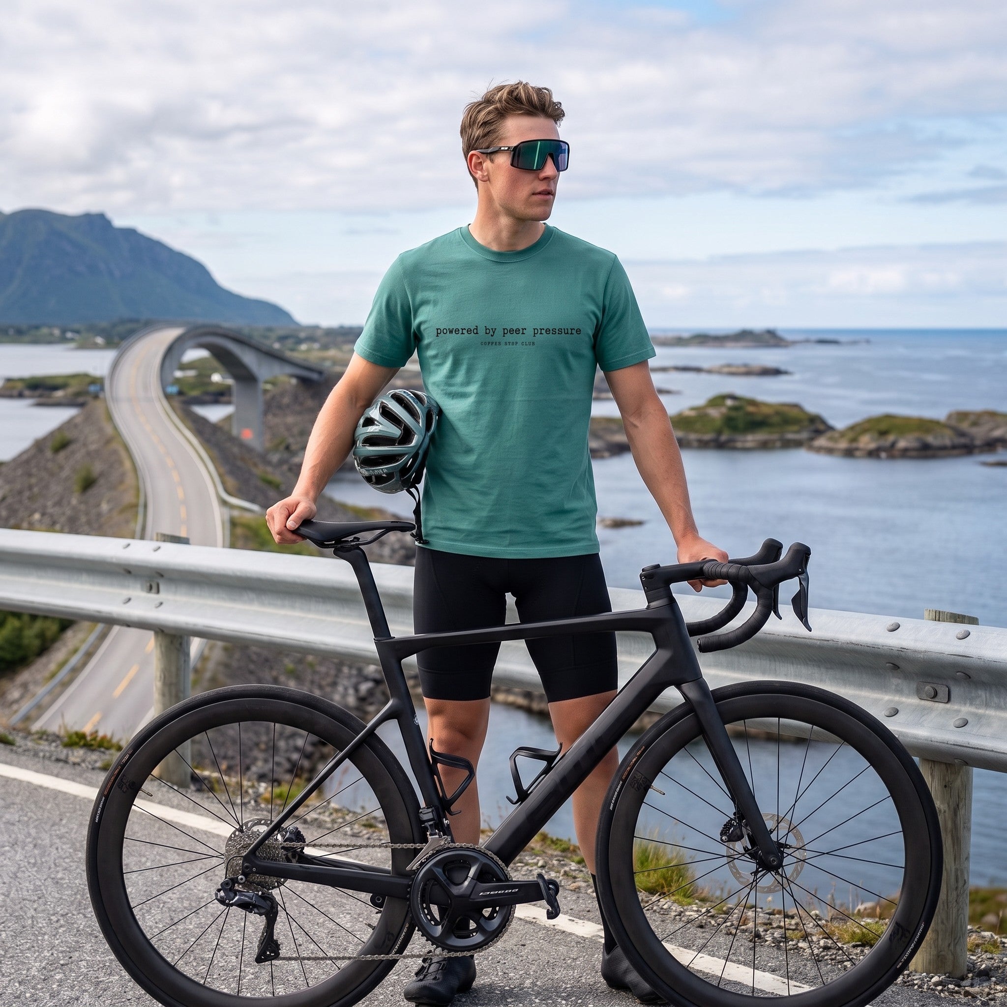 Powered by Peer Pressure Cycling T-Shirt — Seafoam lifestyle