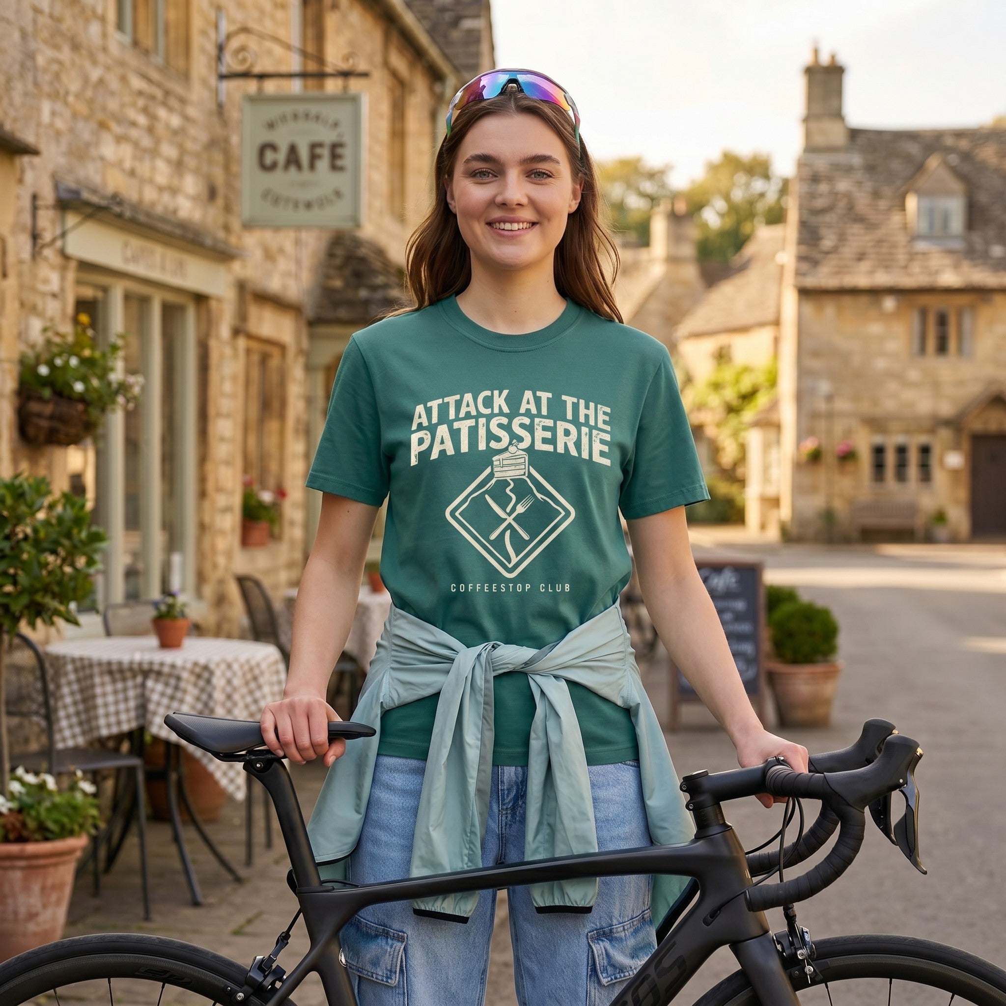 Attack at the Patisserie Cycling T-Shirt — Seafoam lifestyle