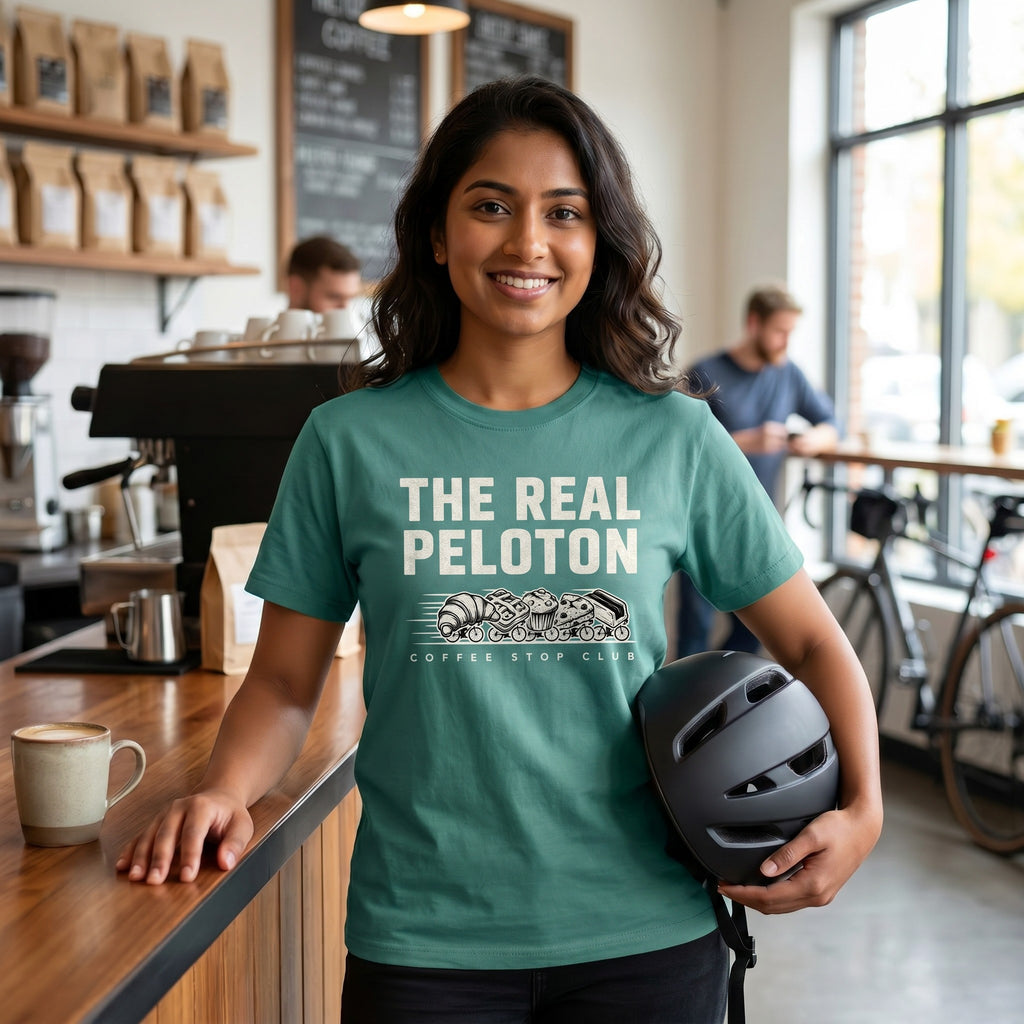 The Real Peloton Cycling T-Shirt — Seafoam lifestyle